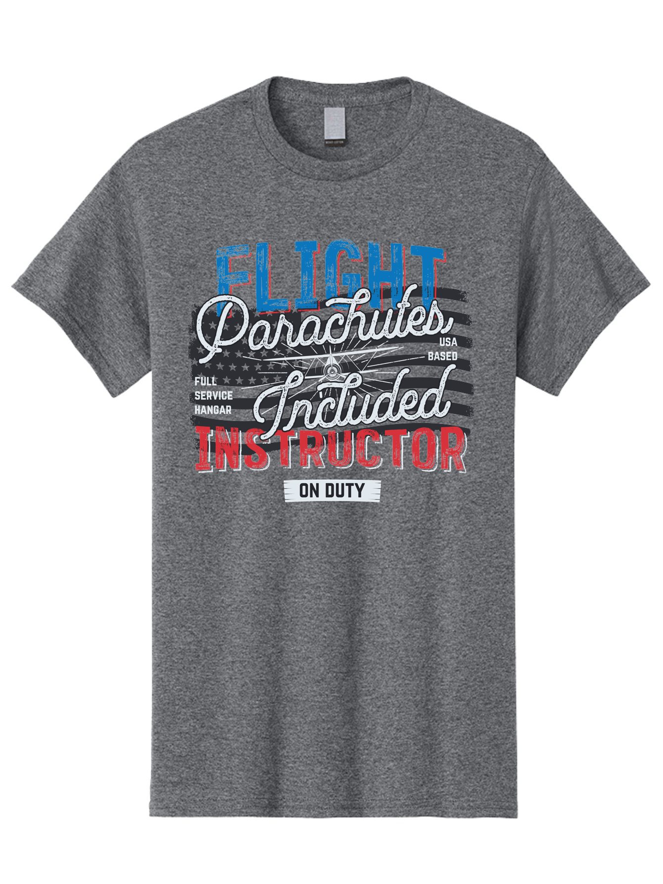 Flight-Parachutes-Included-Instructor Men'S Graphic Tee, 100% Cotton, Comfortable Casual Summer Wear, Machine Washable, Parachute Instructor, Usa Based, Full Service Hangar, On Duty, Flight Training, Parachute Lessons, Skydiving Instructor, Aab934