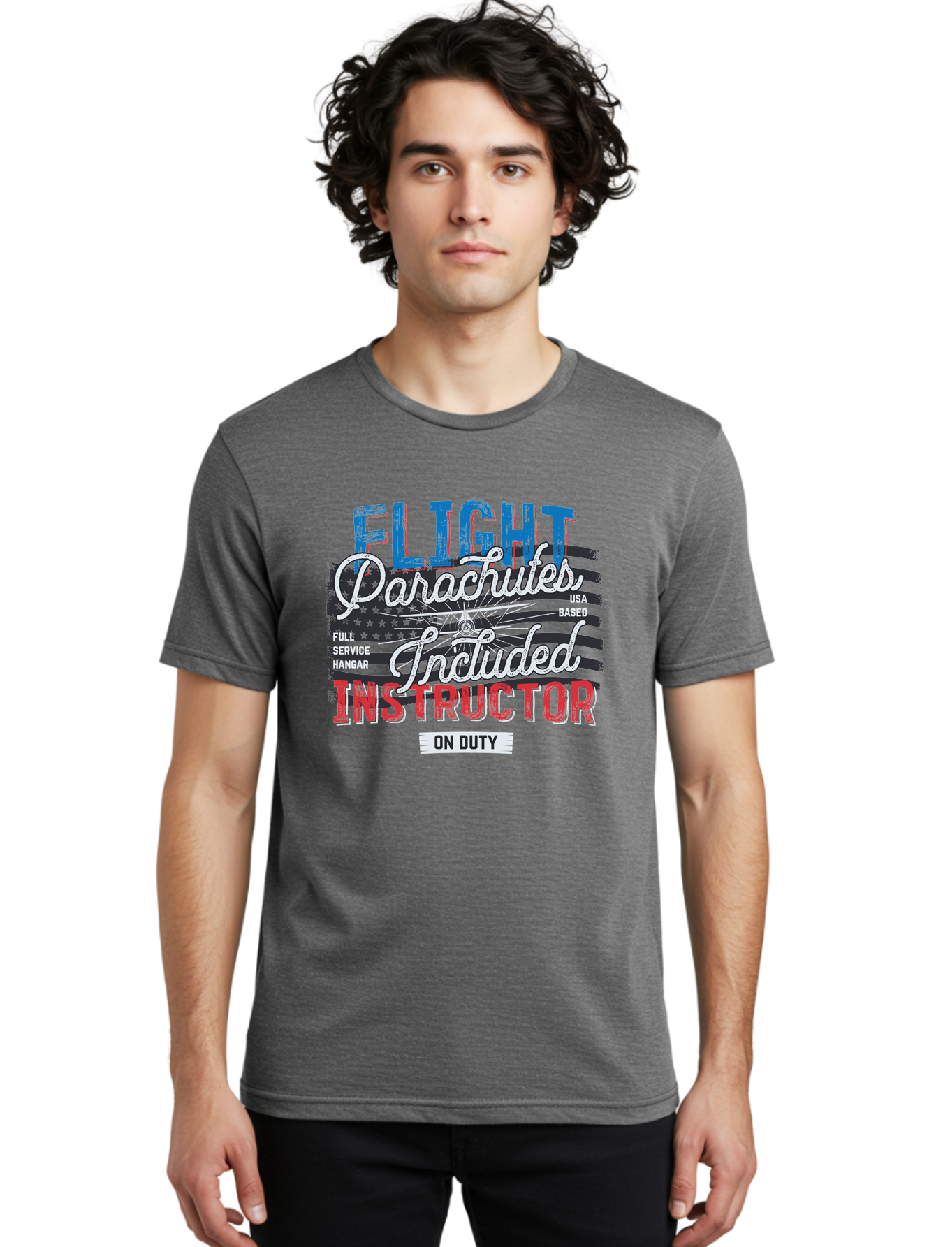 Flight-Parachutes-Included-Instructor Men'S Graphic Tee, 100% Cotton, Comfortable Casual Summer Wear, Machine Washable, Parachute Instructor, Usa Based, Full Service Hangar, On Duty, Flight Training, Parachute Lessons, Skydiving Instructor, Aab934