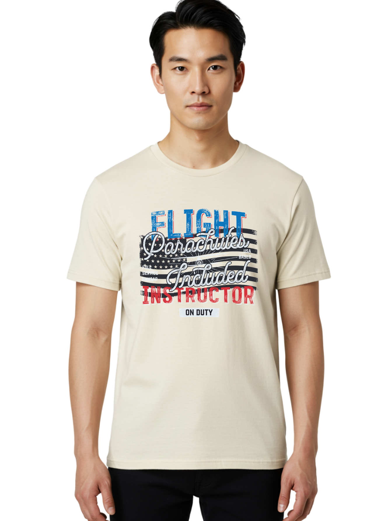 Flight-Parachutes-Included-Instructor Men'S Graphic Tee, 100% Cotton, Comfortable Casual Summer Wear, Machine Washable, Parachute Instructor, Usa Based, Full Service Hangar, On Duty, Flight Training, Parachute Lessons, Skydiving Instructor, Aab934