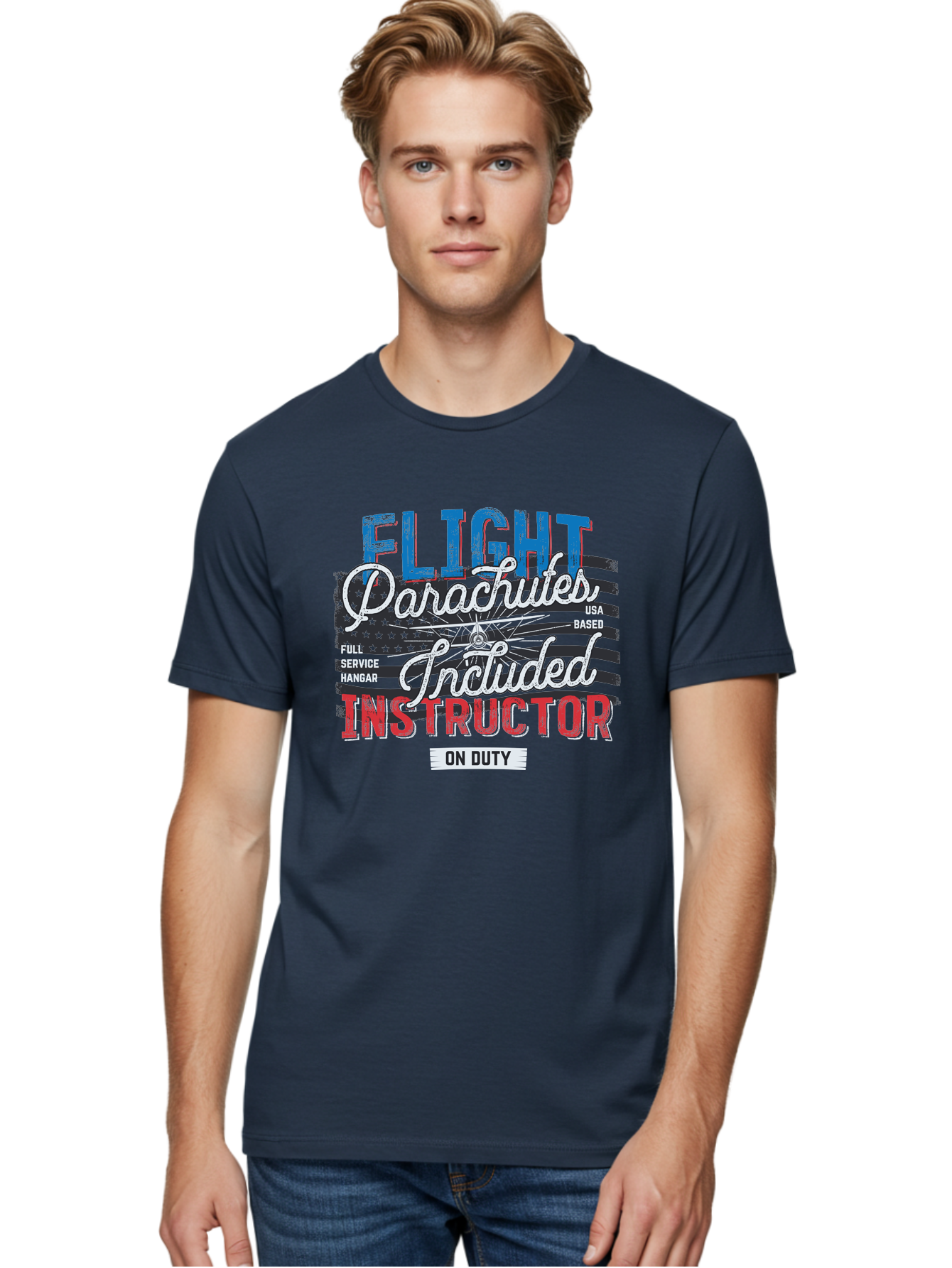 Flight-Parachutes-Included-Instructor Men'S Graphic Tee, 100% Cotton, Comfortable Casual Summer Wear, Machine Washable, Parachute Instructor, Usa Based, Full Service Hangar, On Duty, Flight Training, Parachute Lessons, Skydiving Instructor, Aab934