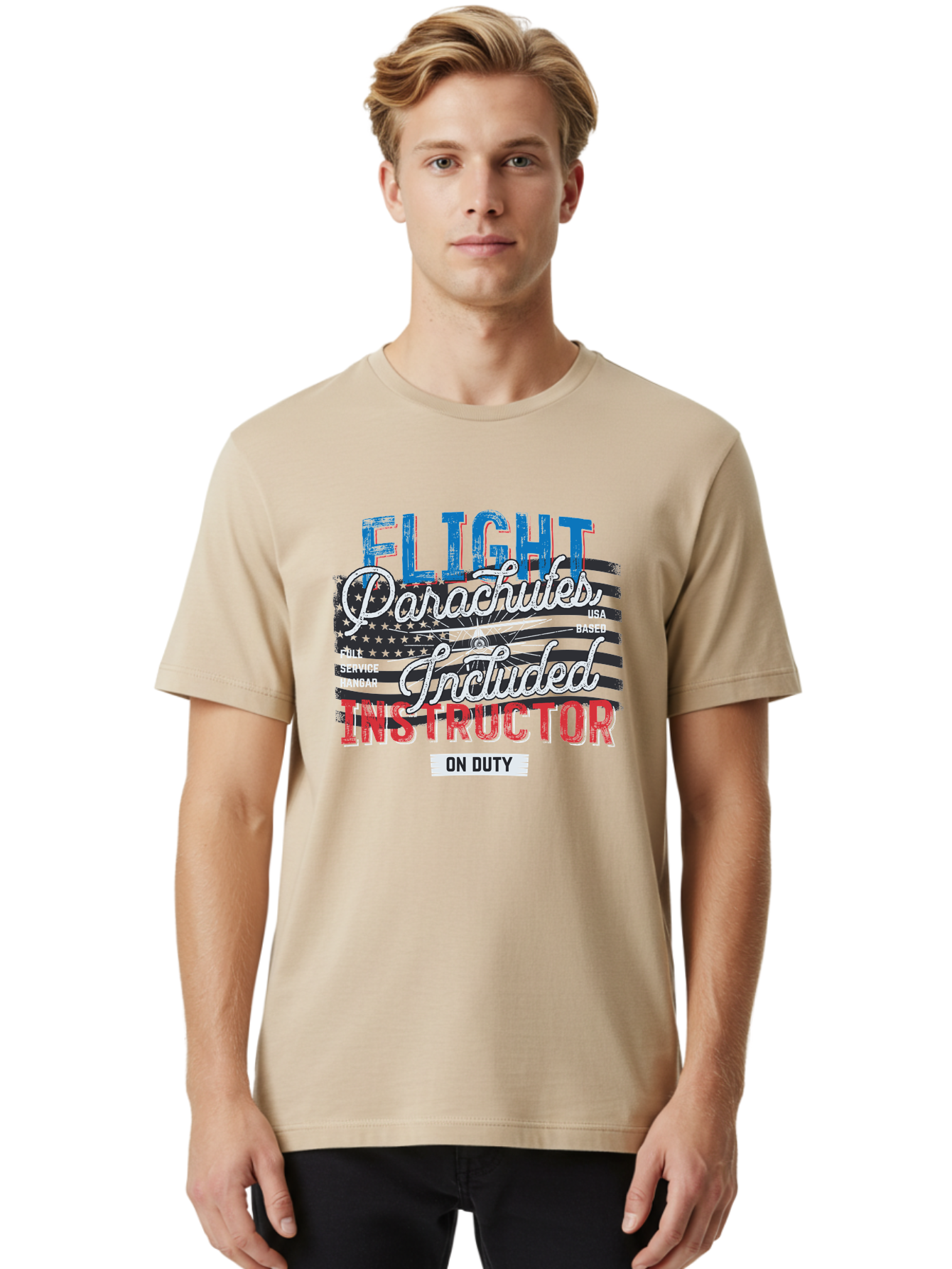 Flight-Parachutes-Included-Instructor Men'S Graphic Tee, 100% Cotton, Comfortable Casual Summer Wear, Machine Washable, Parachute Instructor, Usa Based, Full Service Hangar, On Duty, Flight Training, Parachute Lessons, Skydiving Instructor, Aab934