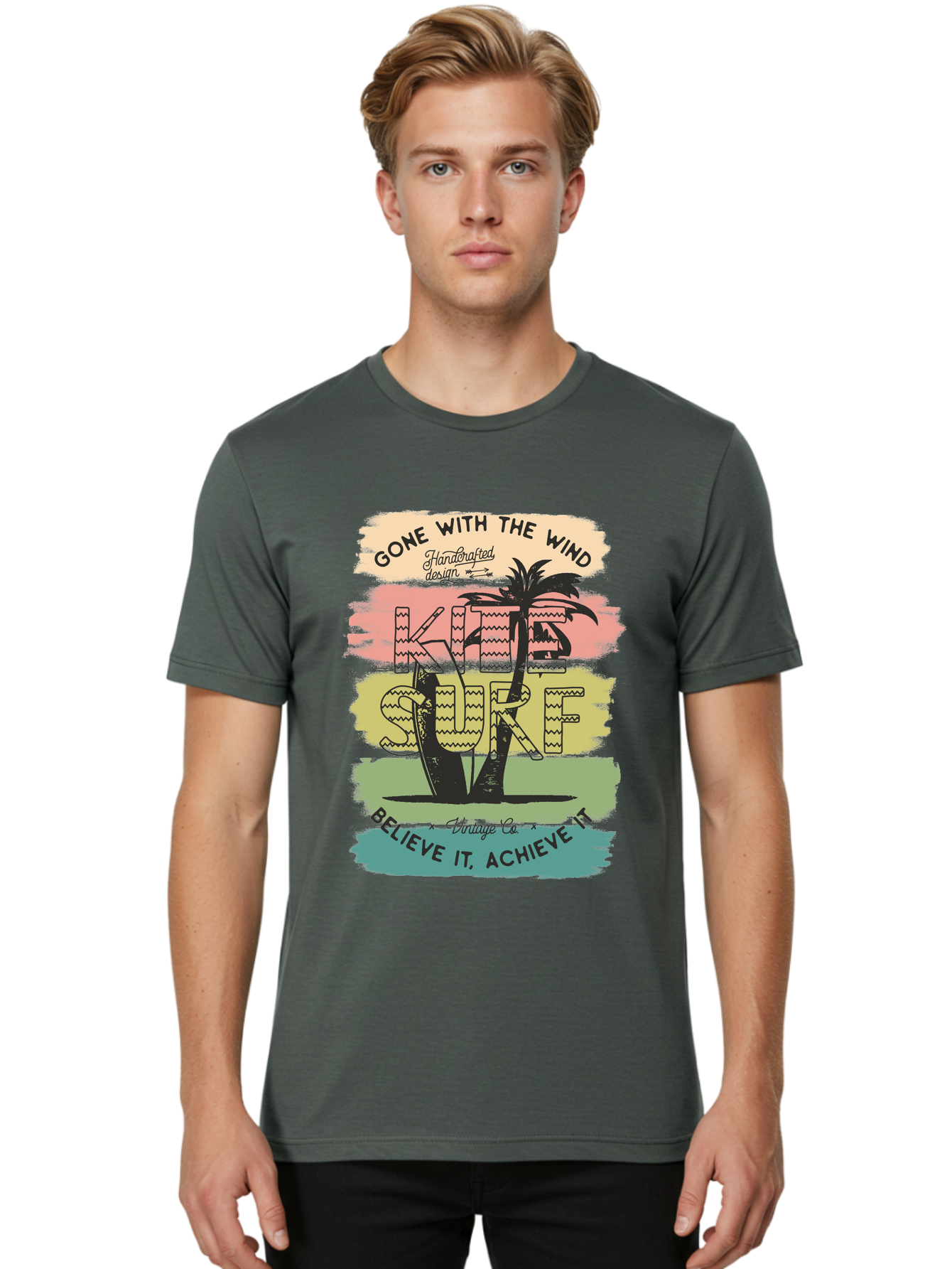 Gone-With-The-Wind-Kite-Surf Men'S Graphic Tee, 100% Cotton, Comfortable Casual Summer Wear, Machine Washable, Surfing Inspiration, Vintage Style, Motivational Quote, Surf Culture, Beach Vibes, Retro Design, Handcrafted Art, Aab935