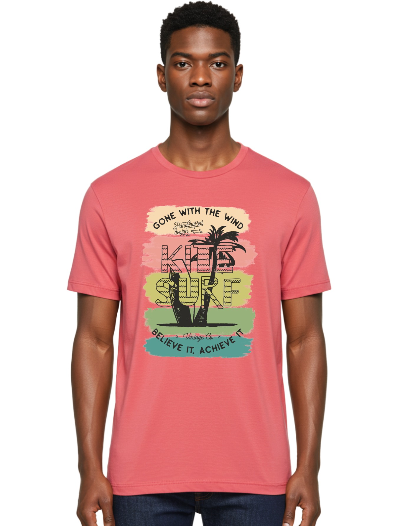 Gone-With-The-Wind-Kite-Surf Men'S Graphic Tee, 100% Cotton, Comfortable Casual Summer Wear, Machine Washable, Surfing Inspiration, Vintage Style, Motivational Quote, Surf Culture, Beach Vibes, Retro Design, Handcrafted Art, Aab935