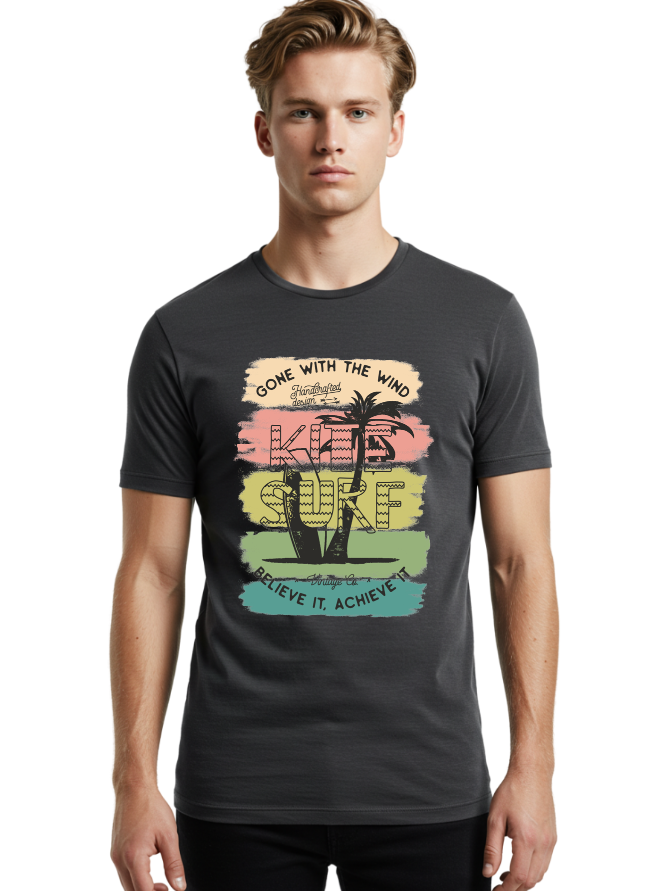 Gone-With-The-Wind-Kite-Surf Men'S Graphic Tee, 100% Cotton, Comfortable Casual Summer Wear, Machine Washable, Surfing Inspiration, Vintage Style, Motivational Quote, Surf Culture, Beach Vibes, Retro Design, Handcrafted Art, Aab935