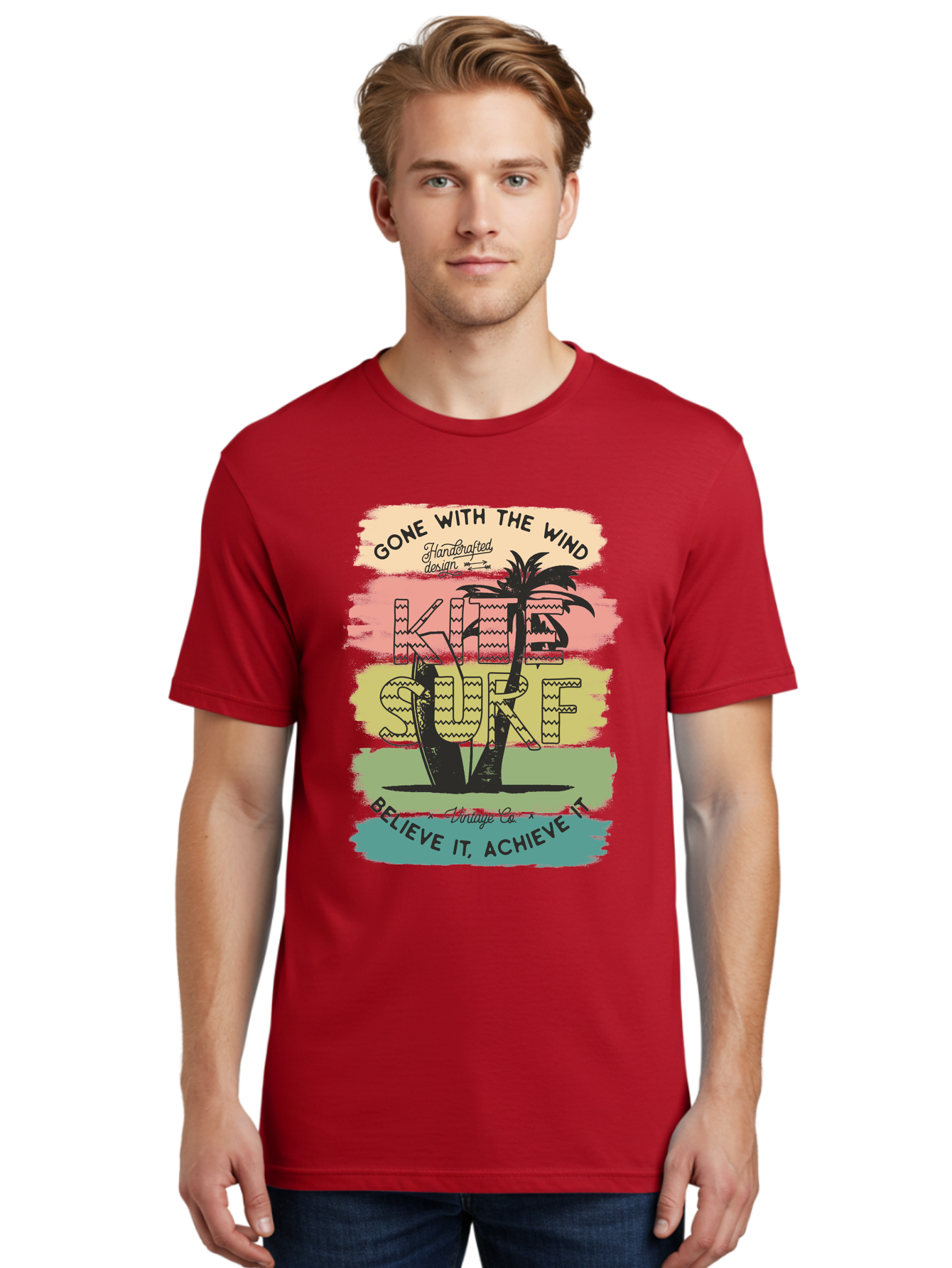 Gone-With-The-Wind-Kite-Surf Men'S Graphic Tee, 100% Cotton, Comfortable Casual Summer Wear, Machine Washable, Surfing Inspiration, Vintage Style, Motivational Quote, Surf Culture, Beach Vibes, Retro Design, Handcrafted Art, Aab935