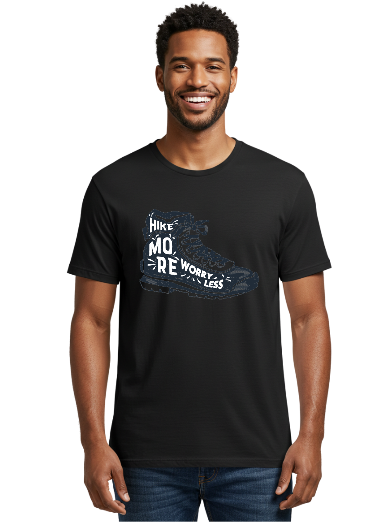 Hike-More-Worry-Less Men'S Graphic Tee, 100% Cotton, Comfortable Casual Summer Wear, Machine Washable, Hiking Boot, Motivational Quote, Outdoor Adventure, Hiking Inspiration, Wellness, Active Lifestyle, Nature Escape, Adventure Seeking, Aab936