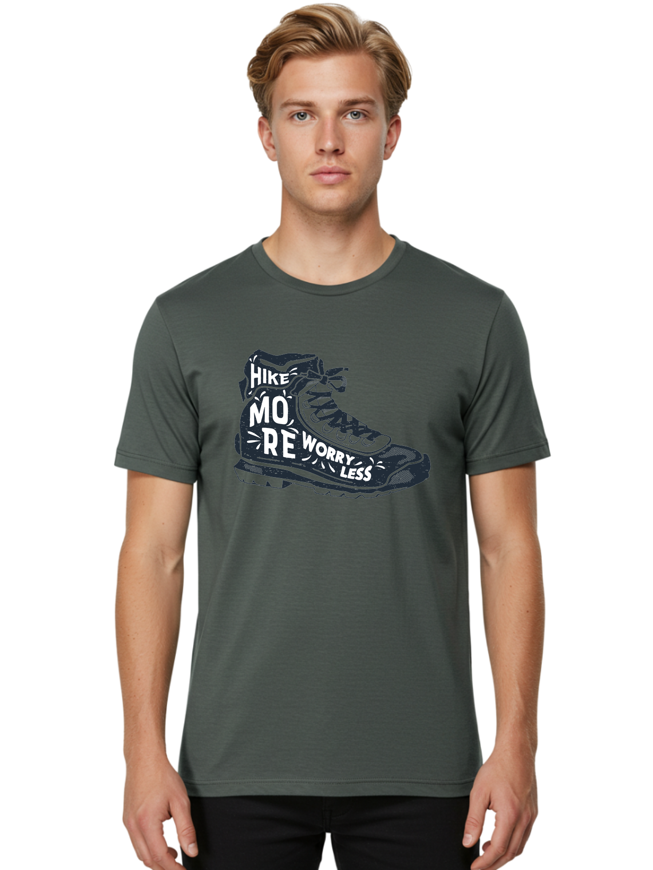 Hike-More-Worry-Less Men'S Graphic Tee, 100% Cotton, Comfortable Casual Summer Wear, Machine Washable, Hiking Boot, Motivational Quote, Outdoor Adventure, Hiking Inspiration, Wellness, Active Lifestyle, Nature Escape, Adventure Seeking, Aab936