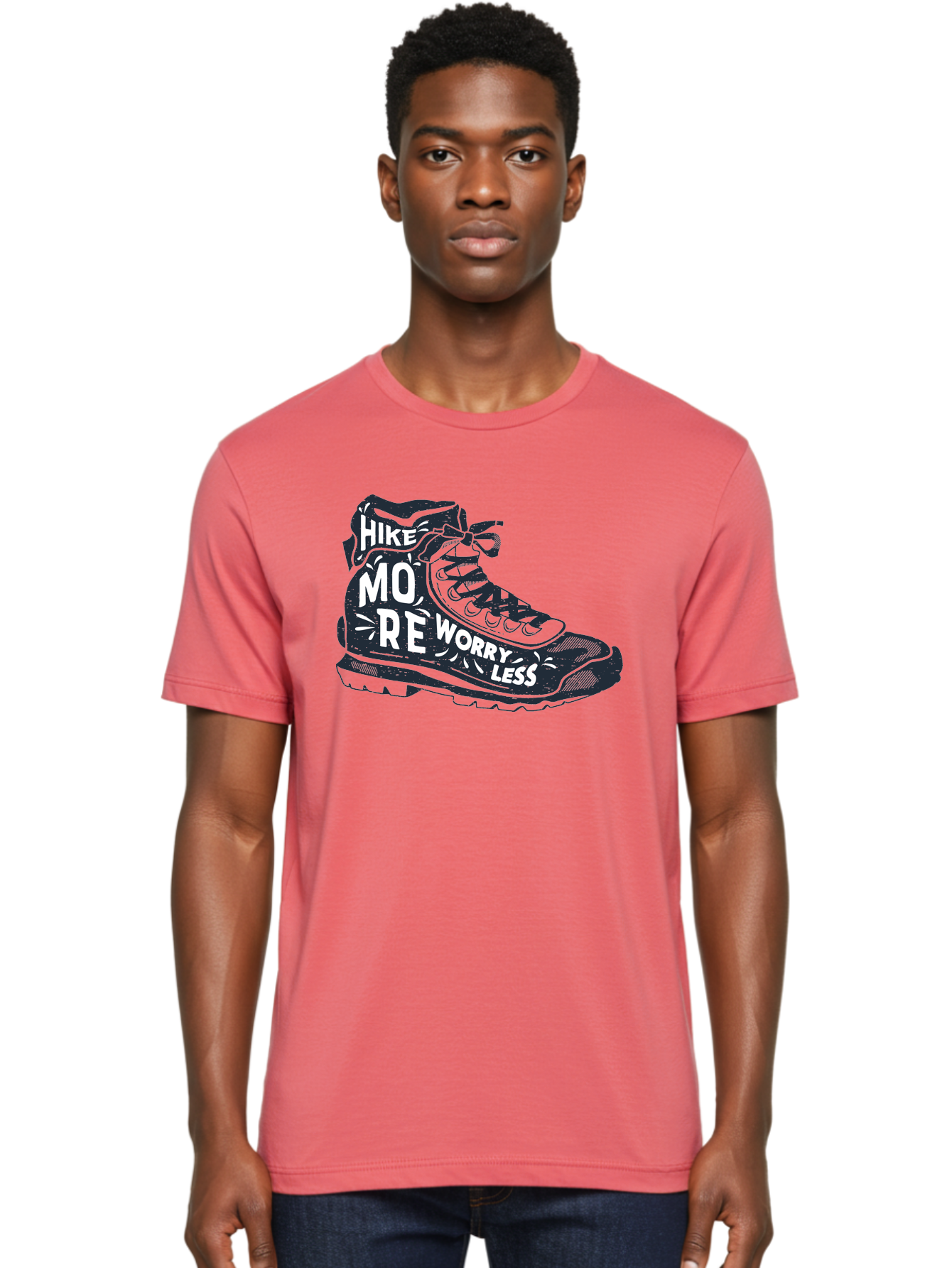 Hike-More-Worry-Less Men'S Graphic Tee, 100% Cotton, Comfortable Casual Summer Wear, Machine Washable, Hiking Boot, Motivational Quote, Outdoor Adventure, Hiking Inspiration, Wellness, Active Lifestyle, Nature Escape, Adventure Seeking, Aab936