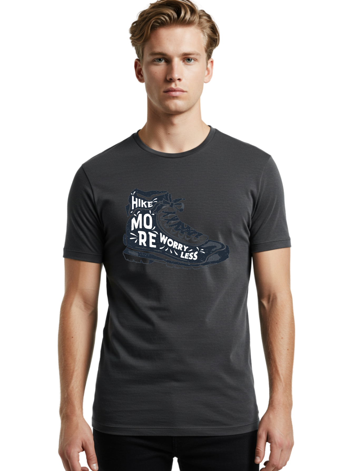 Hike-More-Worry-Less Men'S Graphic Tee, 100% Cotton, Comfortable Casual Summer Wear, Machine Washable, Hiking Boot, Motivational Quote, Outdoor Adventure, Hiking Inspiration, Wellness, Active Lifestyle, Nature Escape, Adventure Seeking, Aab936