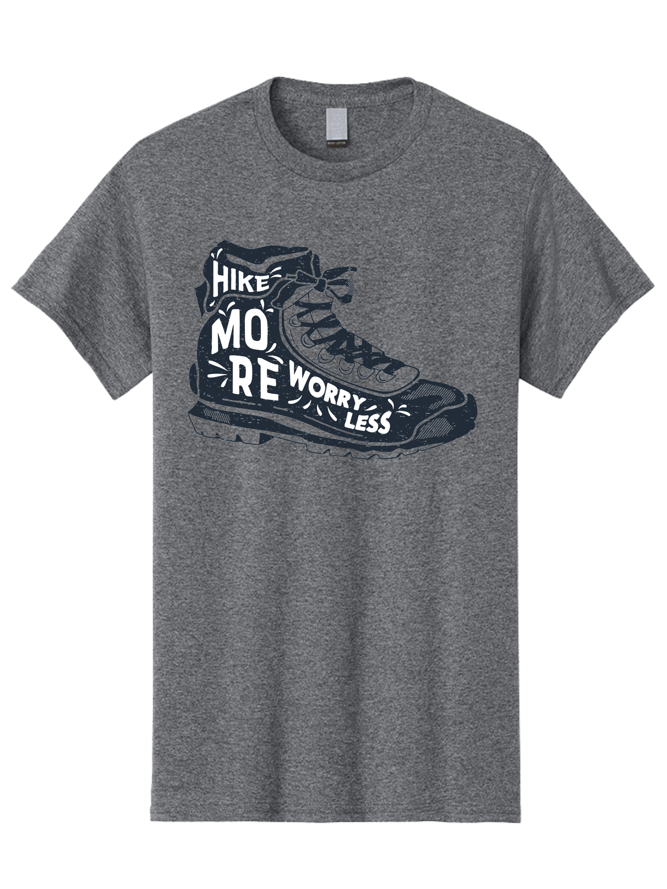 Hike-More-Worry-Less Men'S Graphic Tee, 100% Cotton, Comfortable Casual Summer Wear, Machine Washable, Hiking Boot, Motivational Quote, Outdoor Adventure, Hiking Inspiration, Wellness, Active Lifestyle, Nature Escape, Adventure Seeking, Aab936