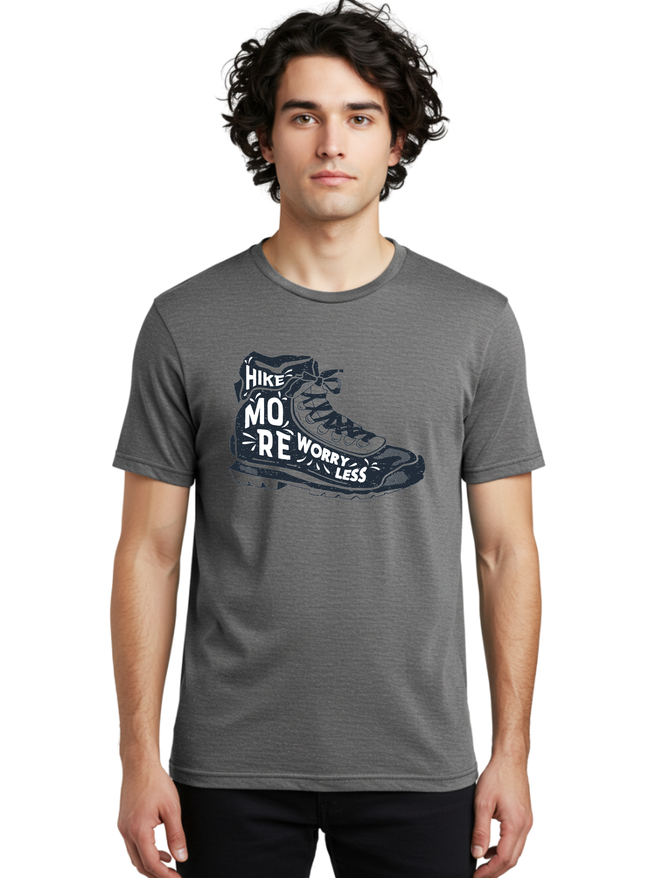Hike-More-Worry-Less Men'S Graphic Tee, 100% Cotton, Comfortable Casual Summer Wear, Machine Washable, Hiking Boot, Motivational Quote, Outdoor Adventure, Hiking Inspiration, Wellness, Active Lifestyle, Nature Escape, Adventure Seeking, Aab936