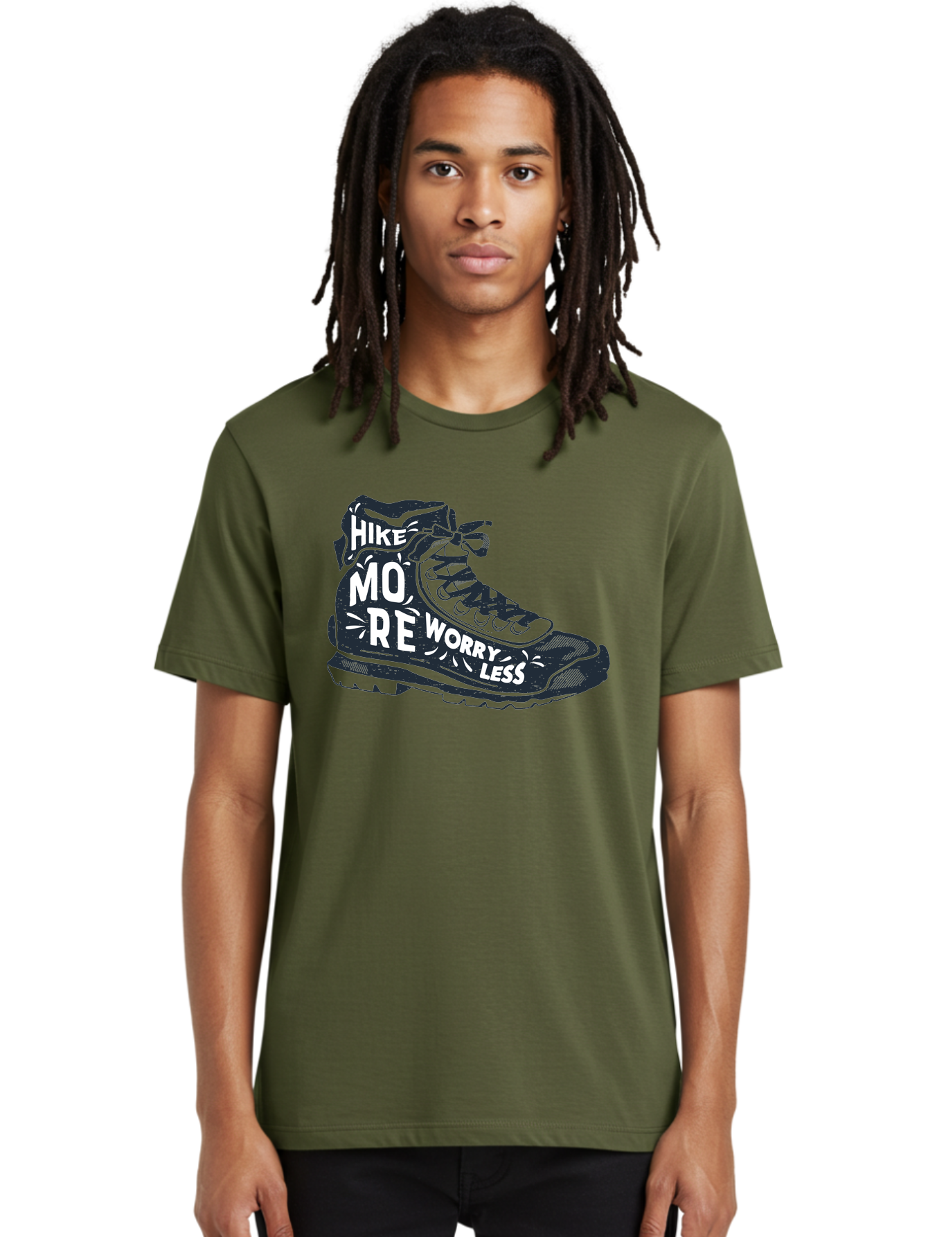 Hike-More-Worry-Less Men'S Graphic Tee, 100% Cotton, Comfortable Casual Summer Wear, Machine Washable, Hiking Boot, Motivational Quote, Outdoor Adventure, Hiking Inspiration, Wellness, Active Lifestyle, Nature Escape, Adventure Seeking, Aab936