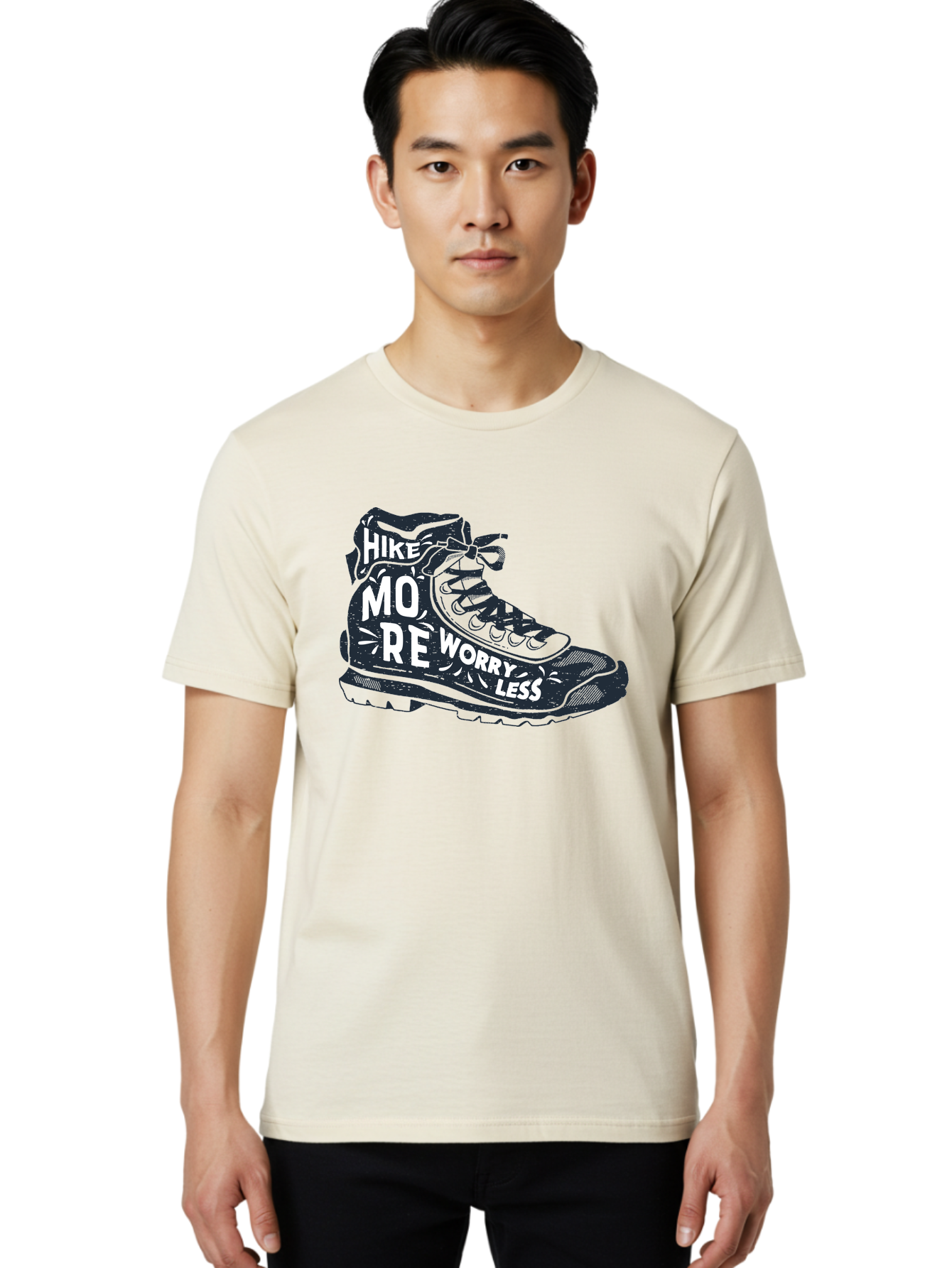 Hike-More-Worry-Less Men'S Graphic Tee, 100% Cotton, Comfortable Casual Summer Wear, Machine Washable, Hiking Boot, Motivational Quote, Outdoor Adventure, Hiking Inspiration, Wellness, Active Lifestyle, Nature Escape, Adventure Seeking, Aab936