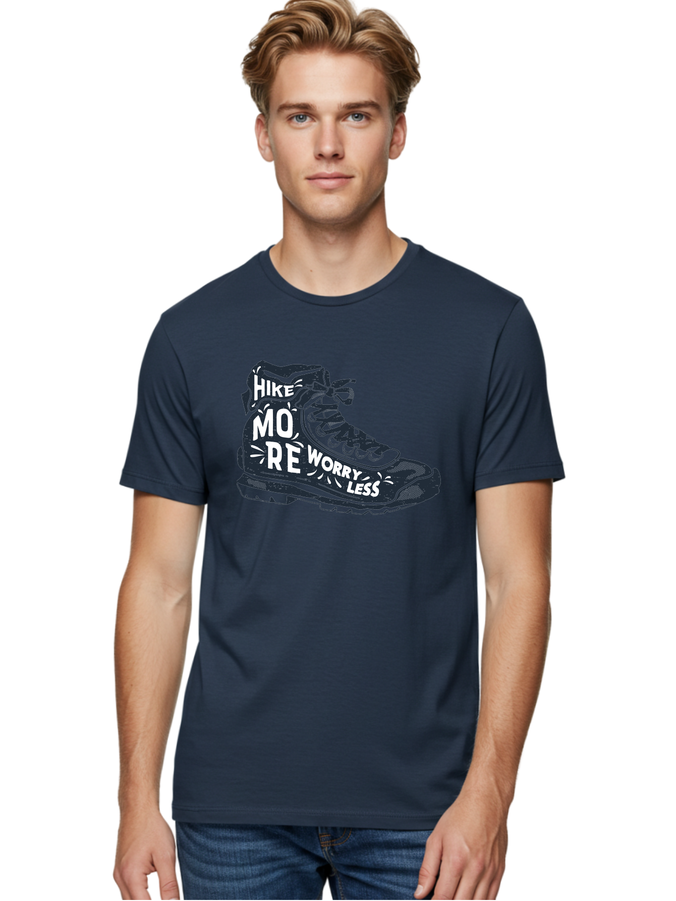 Hike-More-Worry-Less Men'S Graphic Tee, 100% Cotton, Comfortable Casual Summer Wear, Machine Washable, Hiking Boot, Motivational Quote, Outdoor Adventure, Hiking Inspiration, Wellness, Active Lifestyle, Nature Escape, Adventure Seeking, Aab936