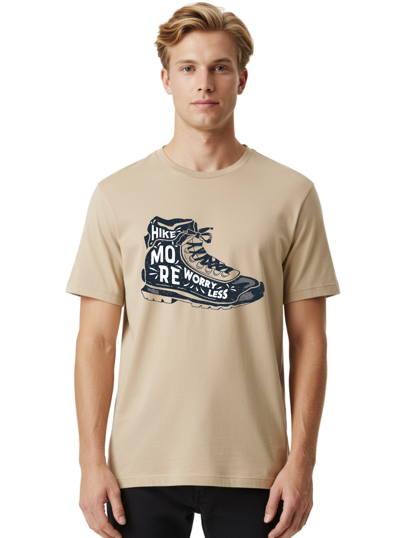 Hike-More-Worry-Less Men'S Graphic Tee, 100% Cotton, Comfortable Casual Summer Wear, Machine Washable, Hiking Boot, Motivational Quote, Outdoor Adventure, Hiking Inspiration, Wellness, Active Lifestyle, Nature Escape, Adventure Seeking, Aab936