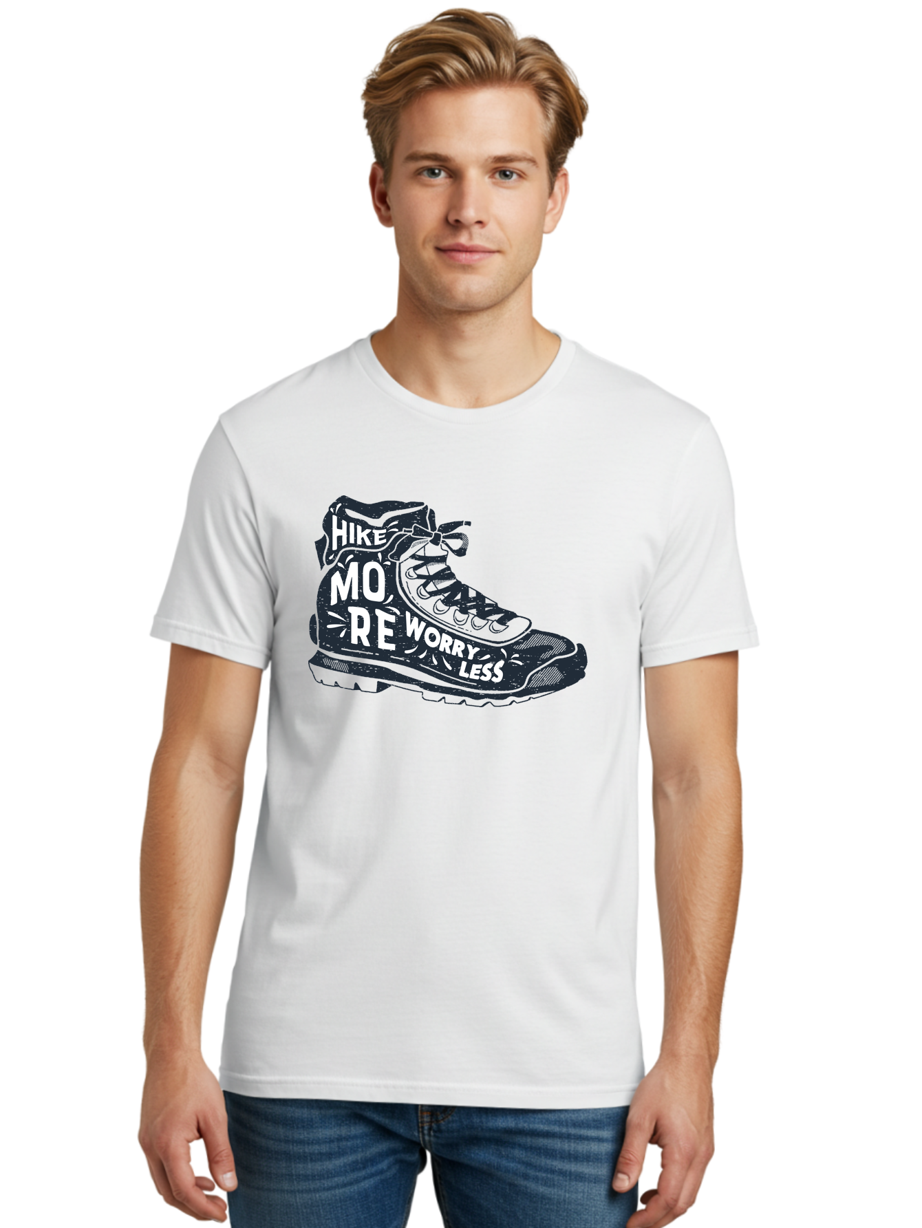 Hike-More-Worry-Less Men'S Graphic Tee, 100% Cotton, Comfortable Casual Summer Wear, Machine Washable, Hiking Boot, Motivational Quote, Outdoor Adventure, Hiking Inspiration, Wellness, Active Lifestyle, Nature Escape, Adventure Seeking, Aab936