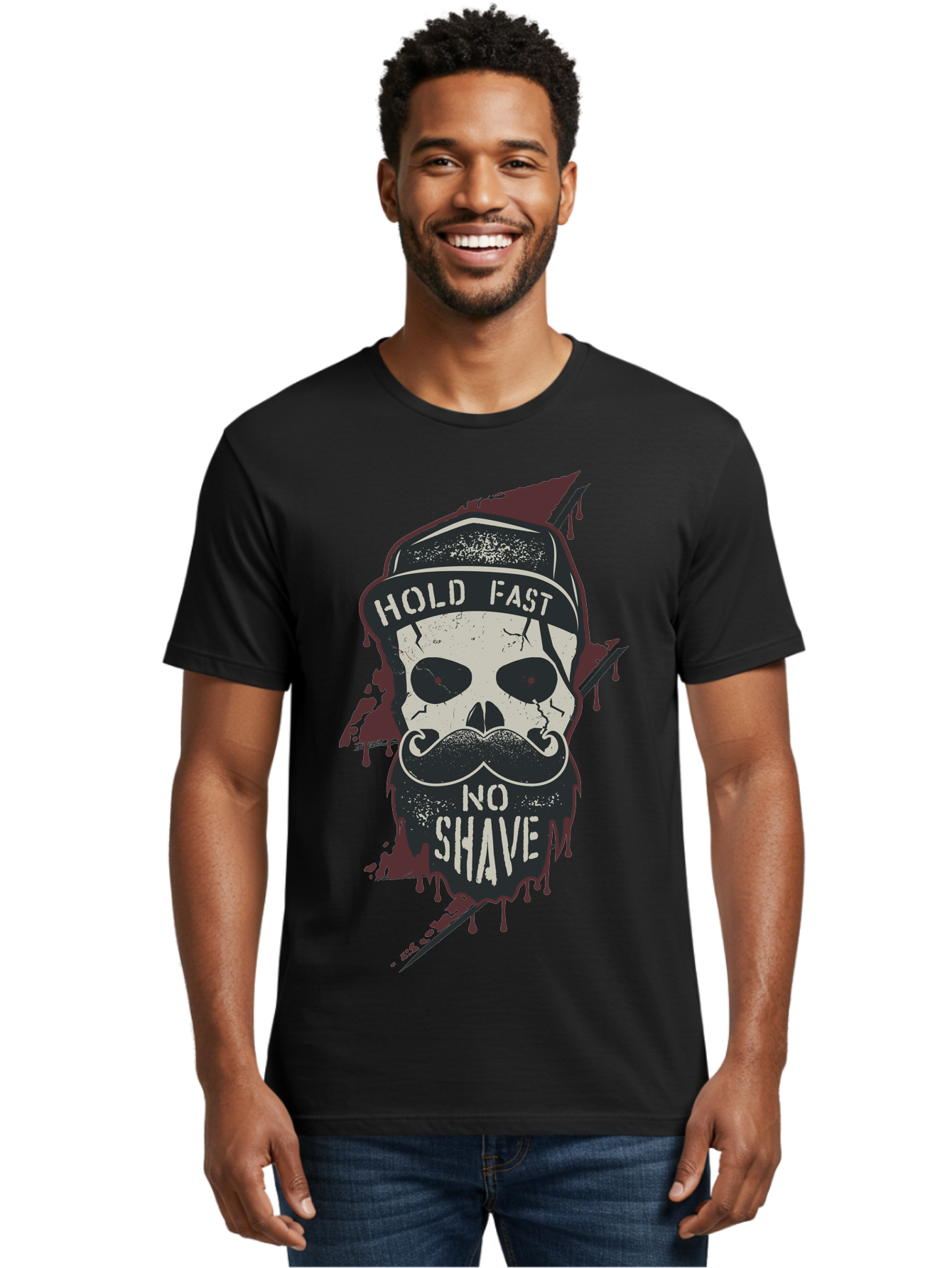 Hold-Fast-No-Shave-1 Men'S Graphic Tee, 100% Cotton, Comfortable Casual Summer Wear, Machine Washable, Skull With Beard And Mustache, Biker Skull, Grunge Style, Punk Rock Aesthetic, Edgy Design, Bold Graphics, Hold Fast, No Shave Aab937