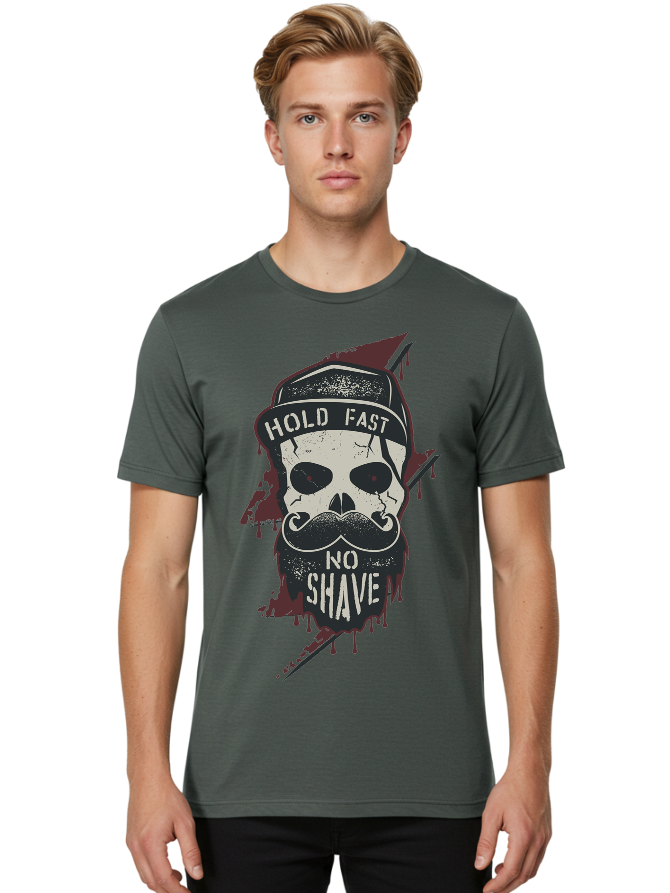 Hold-Fast-No-Shave-1 Men'S Graphic Tee, 100% Cotton, Comfortable Casual Summer Wear, Machine Washable, Skull With Beard And Mustache, Biker Skull, Grunge Style, Punk Rock Aesthetic, Edgy Design, Bold Graphics, Hold Fast, No Shave Aab937