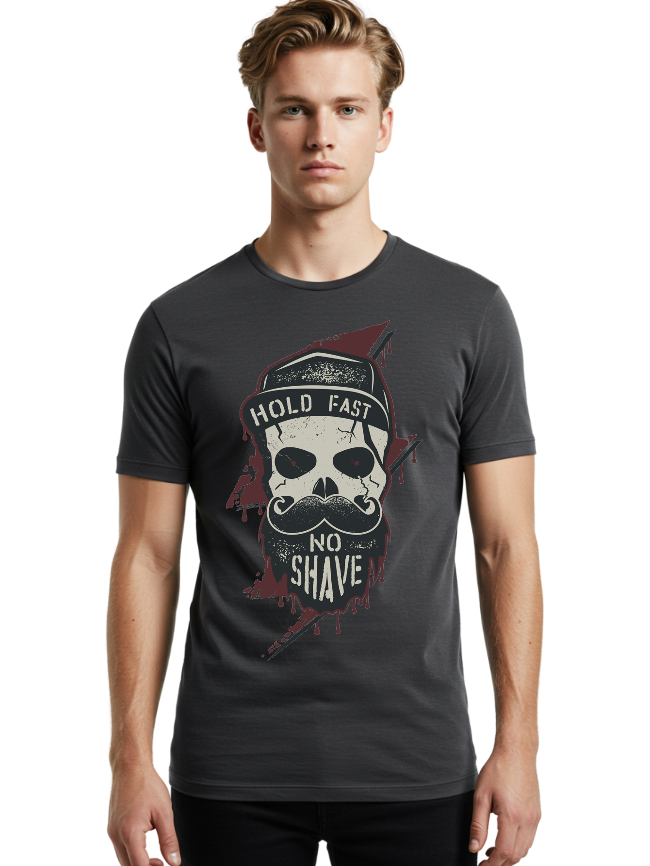 Hold-Fast-No-Shave-1 Men'S Graphic Tee, 100% Cotton, Comfortable Casual Summer Wear, Machine Washable, Skull With Beard And Mustache, Biker Skull, Grunge Style, Punk Rock Aesthetic, Edgy Design, Bold Graphics, Hold Fast, No Shave Aab937