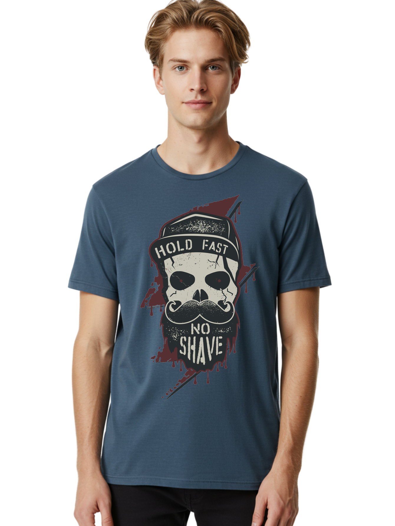 Hold-Fast-No-Shave-1 Men'S Graphic Tee, 100% Cotton, Comfortable Casual Summer Wear, Machine Washable, Skull With Beard And Mustache, Biker Skull, Grunge Style, Punk Rock Aesthetic, Edgy Design, Bold Graphics, Hold Fast, No Shave Aab937