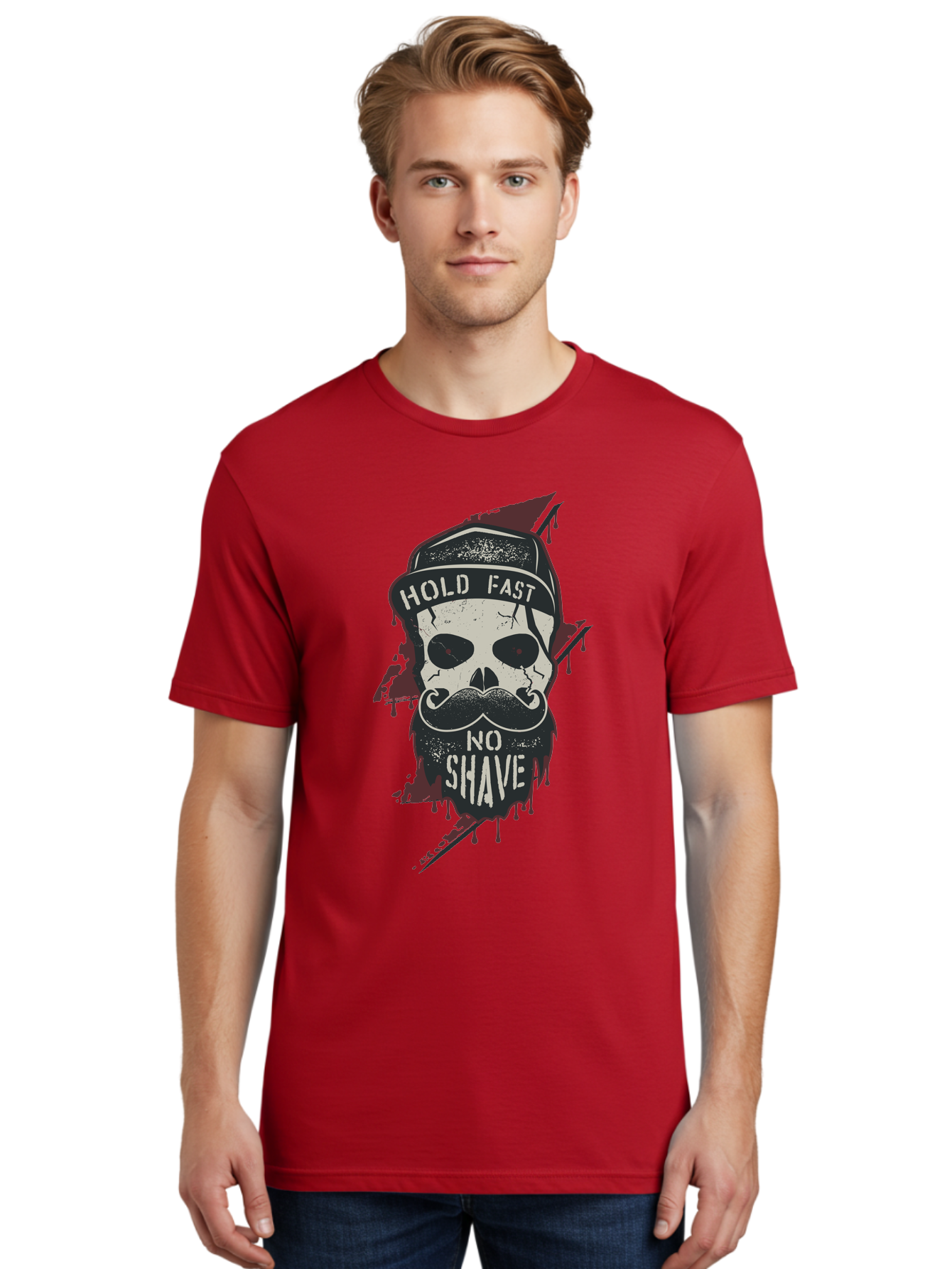 Hold-Fast-No-Shave-1 Men'S Graphic Tee, 100% Cotton, Comfortable Casual Summer Wear, Machine Washable, Skull With Beard And Mustache, Biker Skull, Grunge Style, Punk Rock Aesthetic, Edgy Design, Bold Graphics, Hold Fast, No Shave Aab937