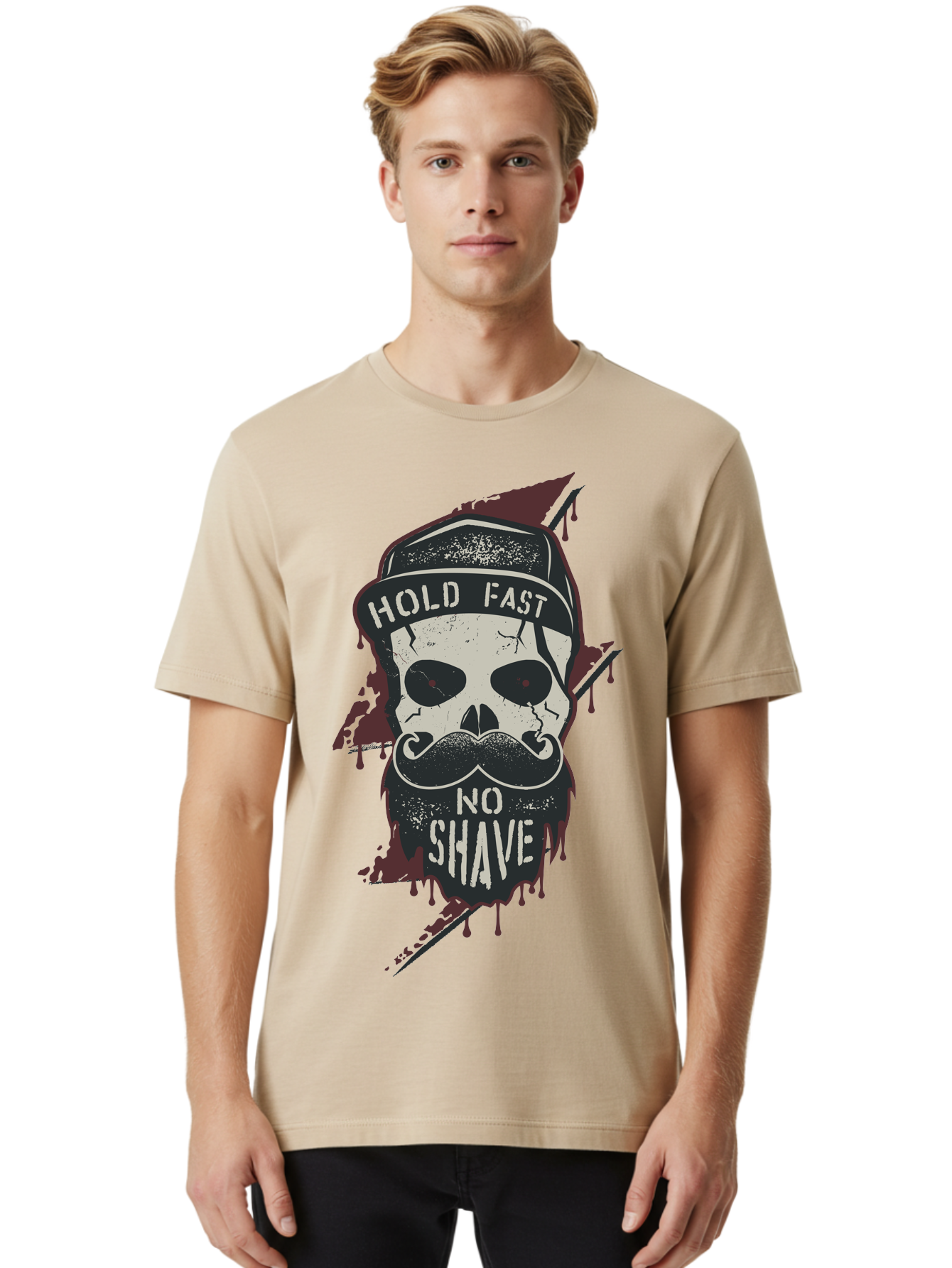 Hold-Fast-No-Shave-1 Men'S Graphic Tee, 100% Cotton, Comfortable Casual Summer Wear, Machine Washable, Skull With Beard And Mustache, Biker Skull, Grunge Style, Punk Rock Aesthetic, Edgy Design, Bold Graphics, Hold Fast, No Shave Aab937