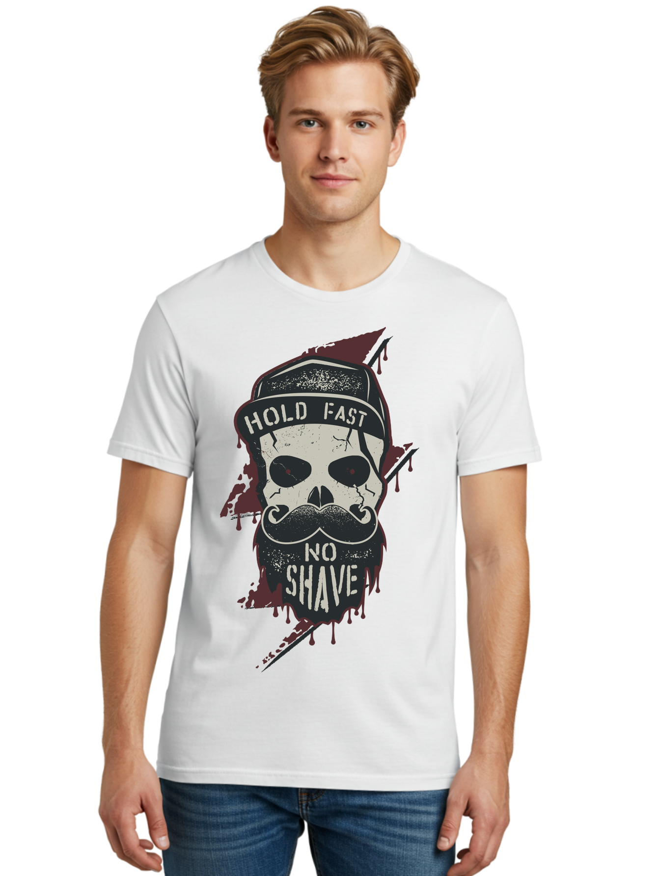Hold-Fast-No-Shave-1 Men'S Graphic Tee, 100% Cotton, Comfortable Casual Summer Wear, Machine Washable, Skull With Beard And Mustache, Biker Skull, Grunge Style, Punk Rock Aesthetic, Edgy Design, Bold Graphics, Hold Fast, No Shave Aab937