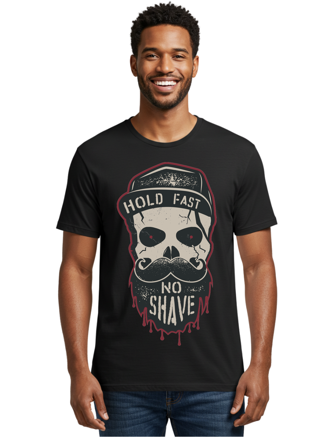 Hold-Fast-No-Shave-2 Men'S Graphic Tee, 100% Cotton, Comfortable Casual Summer Wear, Machine Washable, Skull With Beard And Mustache, Bold Typography, Edgy Design, Skull Art, Barber Culture, Grooming Inspiration, Tattoo Art, Grunge Style, Aab938