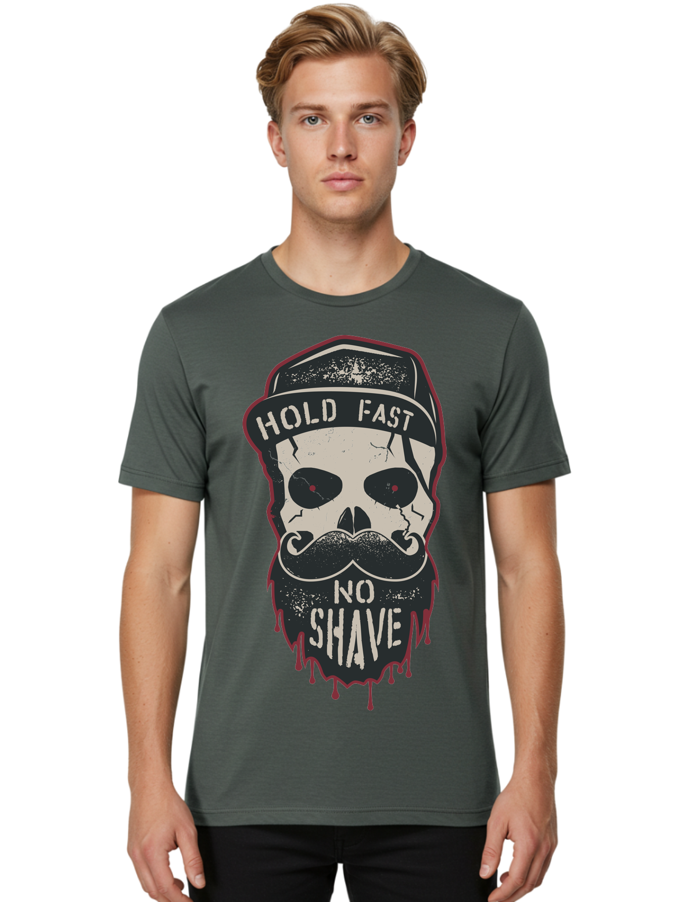 Hold-Fast-No-Shave-2 Men'S Graphic Tee, 100% Cotton, Comfortable Casual Summer Wear, Machine Washable, Skull With Beard And Mustache, Bold Typography, Edgy Design, Skull Art, Barber Culture, Grooming Inspiration, Tattoo Art, Grunge Style, Aab938