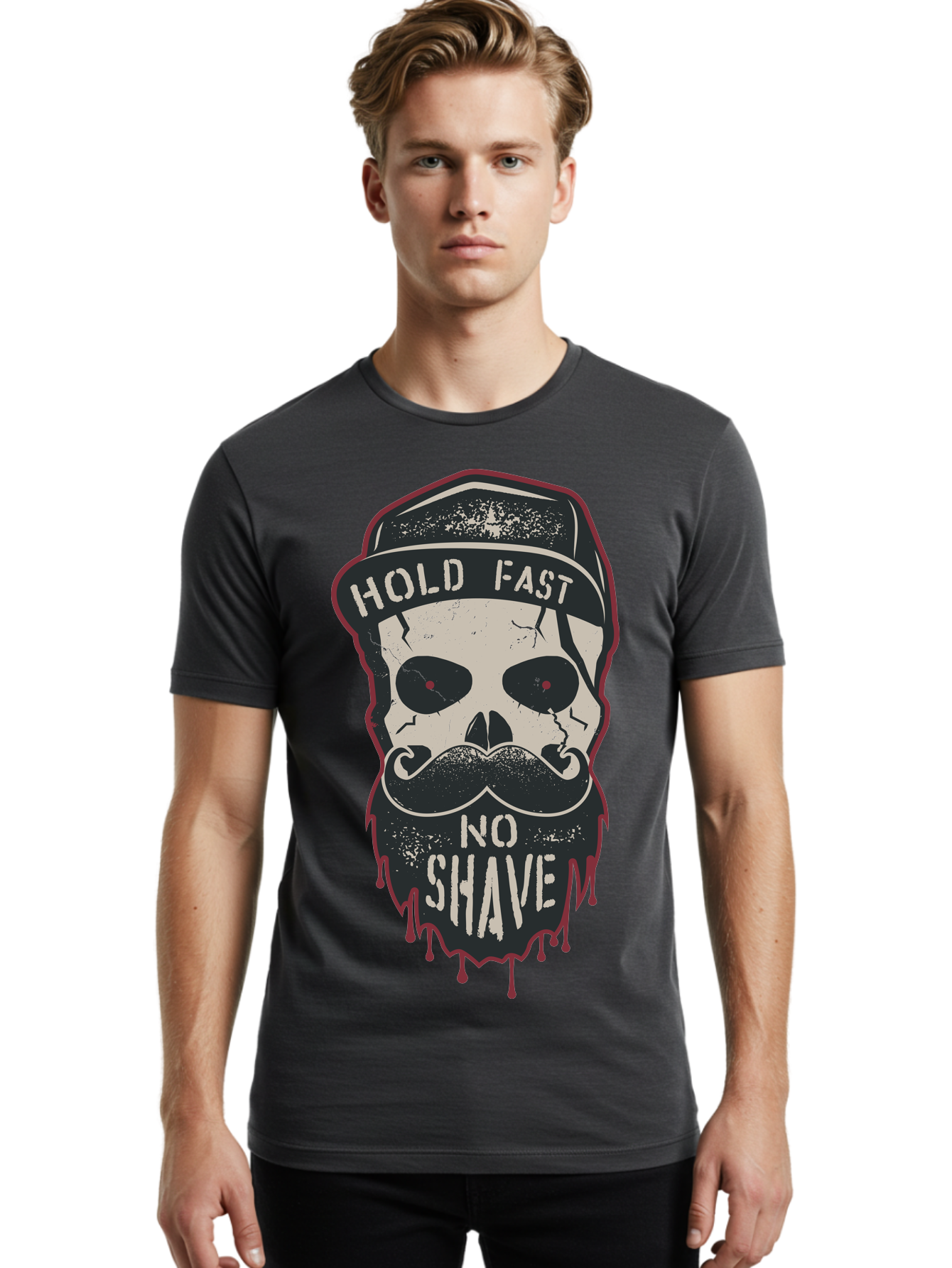Hold-Fast-No-Shave-2 Men'S Graphic Tee, 100% Cotton, Comfortable Casual Summer Wear, Machine Washable, Skull With Beard And Mustache, Bold Typography, Edgy Design, Skull Art, Barber Culture, Grooming Inspiration, Tattoo Art, Grunge Style, Aab938
