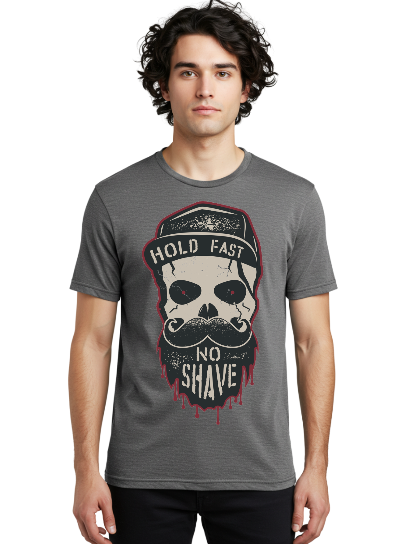 Hold-Fast-No-Shave-2 Men'S Graphic Tee, 100% Cotton, Comfortable Casual Summer Wear, Machine Washable, Skull With Beard And Mustache, Bold Typography, Edgy Design, Skull Art, Barber Culture, Grooming Inspiration, Tattoo Art, Grunge Style, Aab938