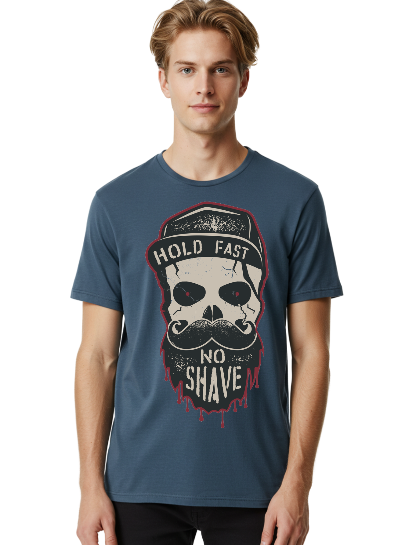 Hold-Fast-No-Shave-2 Men'S Graphic Tee, 100% Cotton, Comfortable Casual Summer Wear, Machine Washable, Skull With Beard And Mustache, Bold Typography, Edgy Design, Skull Art, Barber Culture, Grooming Inspiration, Tattoo Art, Grunge Style, Aab938
