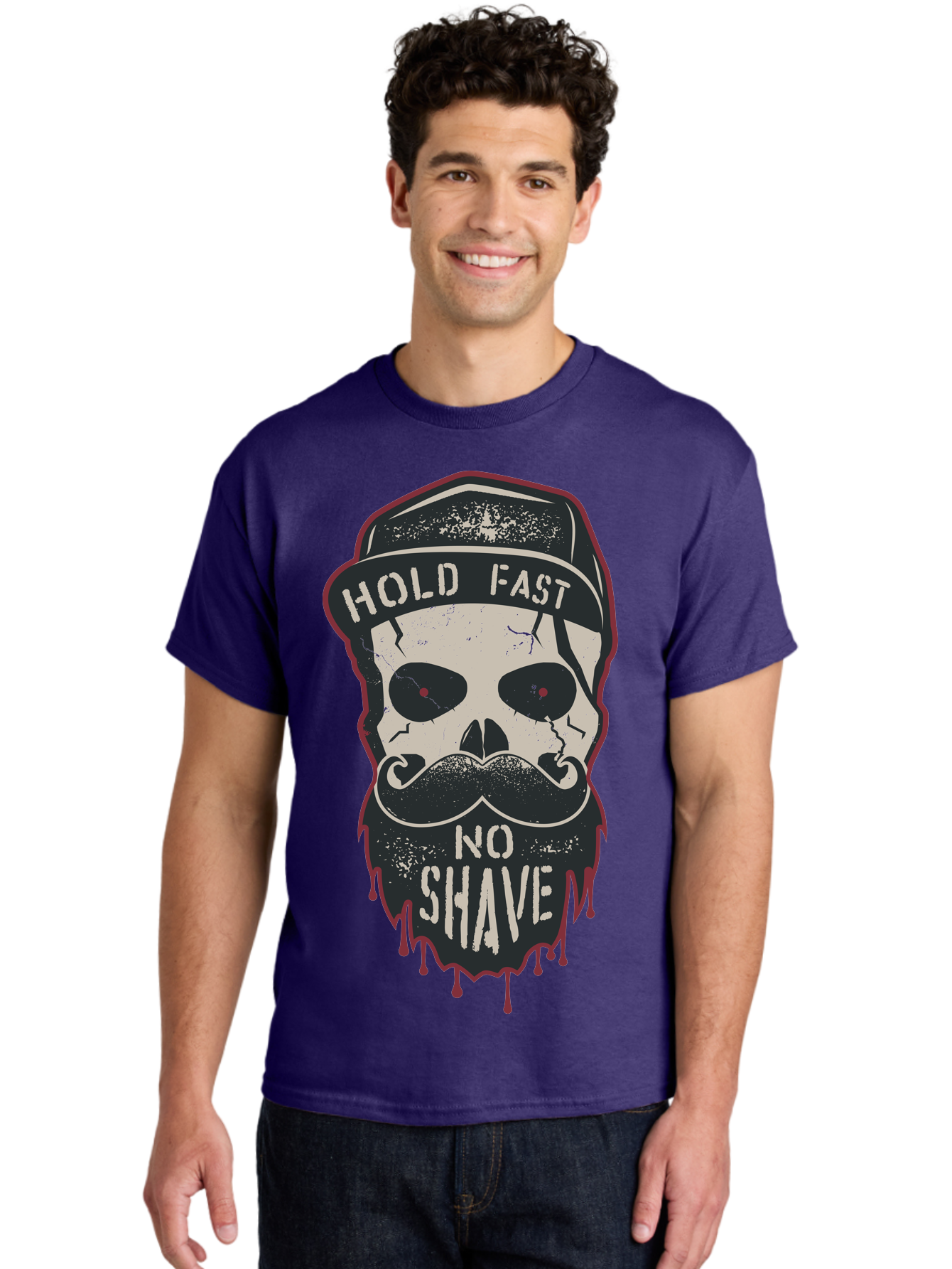 Hold-Fast-No-Shave-2 Men'S Graphic Tee, 100% Cotton, Comfortable Casual Summer Wear, Machine Washable, Skull With Beard And Mustache, Bold Typography, Edgy Design, Skull Art, Barber Culture, Grooming Inspiration, Tattoo Art, Grunge Style, Aab938