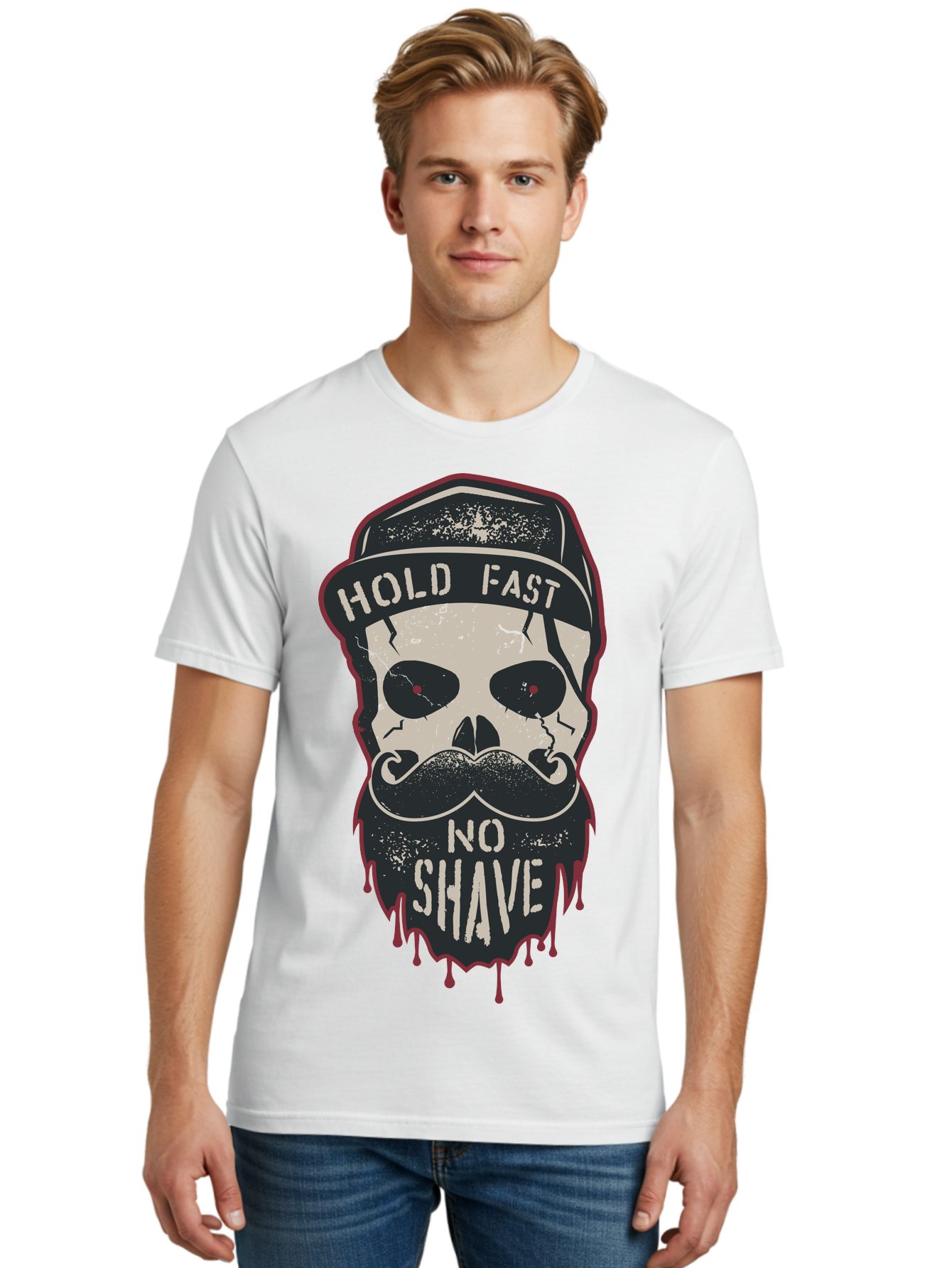 Hold-Fast-No-Shave-2 Men'S Graphic Tee, 100% Cotton, Comfortable Casual Summer Wear, Machine Washable, Skull With Beard And Mustache, Bold Typography, Edgy Design, Skull Art, Barber Culture, Grooming Inspiration, Tattoo Art, Grunge Style, Aab938