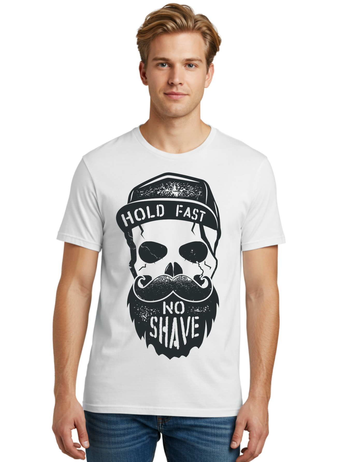 Hold-Fast-No-Shave Men'S Graphic Tee, 100% Cotton, Comfortable Casual Summer Wear, Machine Washable, Skull With Beard And Mustache, No Shave Movement, Hold Fast, Grunge Style, Tattoo Art, Skull Illustration, Beard And Mustache Illustration, Aab939