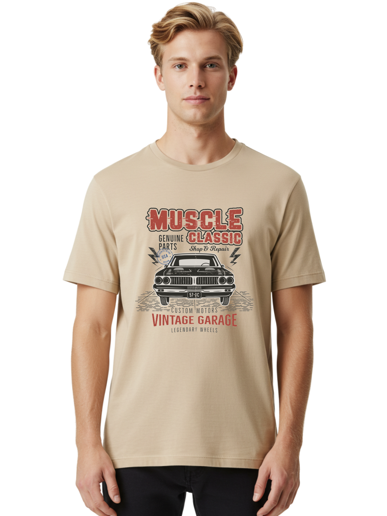Muscle-Classic-1 Men'S Graphic Tee, 100% Cotton, Comfortable Casual Summer Wear, Machine Washable, Vintage Car, Classic Muscle Car, Custom Motors, Genuine Parts, Shop & Repair, Vintage Garage, Legendary Wheels, Usa Made, Automotive Restoration Aab941