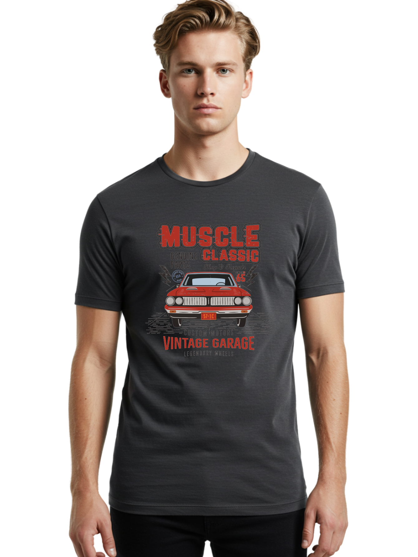 Muscle-Classic Men'S Graphic Tee, 100% Cotton, Comfortable Casual Summer Wear, Machine Washable, Vintage Car, Muscle Car, Classic Car, Custom Motors, Vintage Garage, Legendary Wheels, Shop And Repair, Genuine Parts, Retro Automobile Aab942