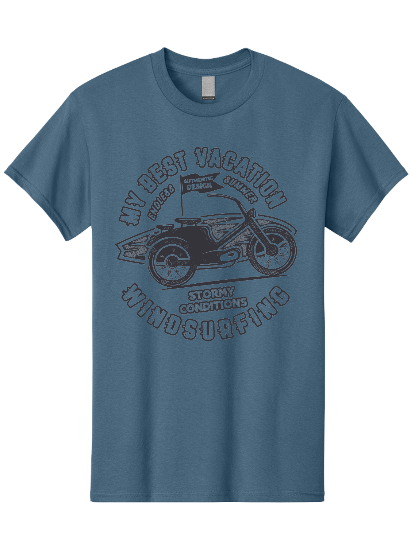My-Best-Vacation-Windsurfing Men'S Graphic Tee, 100% Cotton, Comfortable Casual Summer Wear, Machine Washable, Motorcycle With Flag, Endless Summer, Stormy Conditions, Authentic Design, Winds Contention, Vacation Mode, Outdoor Adventure, Aab944