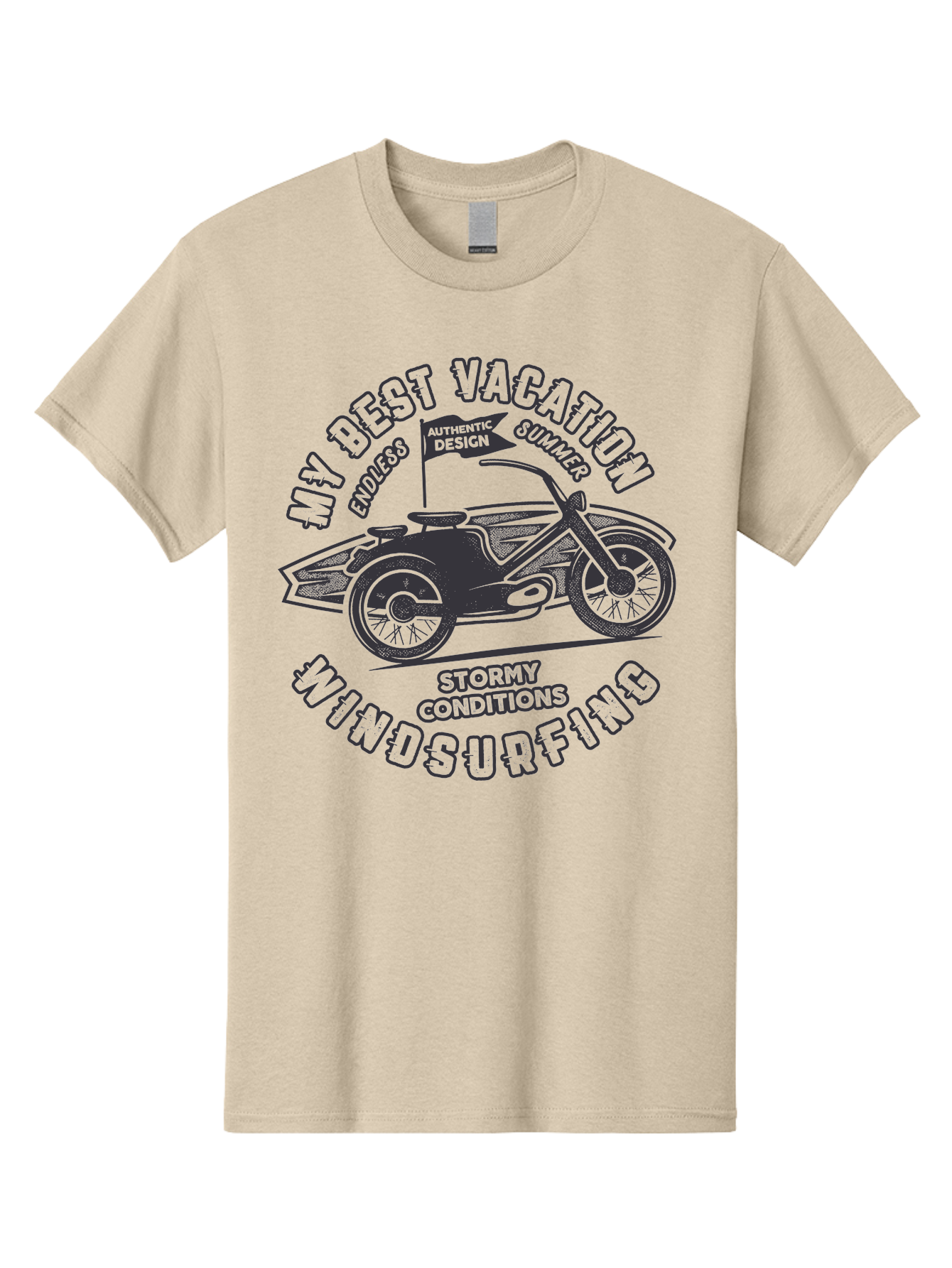 My-Best-Vacation-Windsurfing Men'S Graphic Tee, 100% Cotton, Comfortable Casual Summer Wear, Machine Washable, Motorcycle With Flag, Endless Summer, Stormy Conditions, Authentic Design, Winds Contention, Vacation Mode, Outdoor Adventure, Aab944