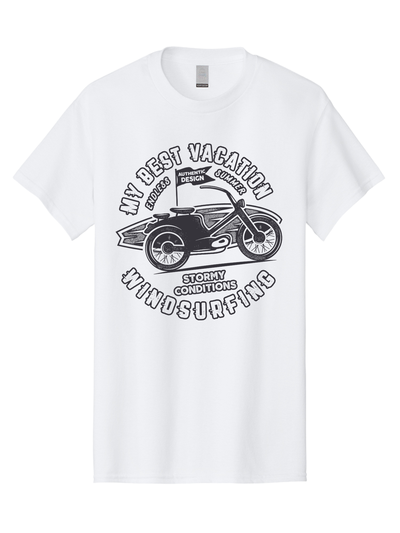 My-Best-Vacation-Windsurfing Men'S Graphic Tee, 100% Cotton, Comfortable Casual Summer Wear, Machine Washable, Motorcycle With Flag, Endless Summer, Stormy Conditions, Authentic Design, Winds Contention, Vacation Mode, Outdoor Adventure, Aab944