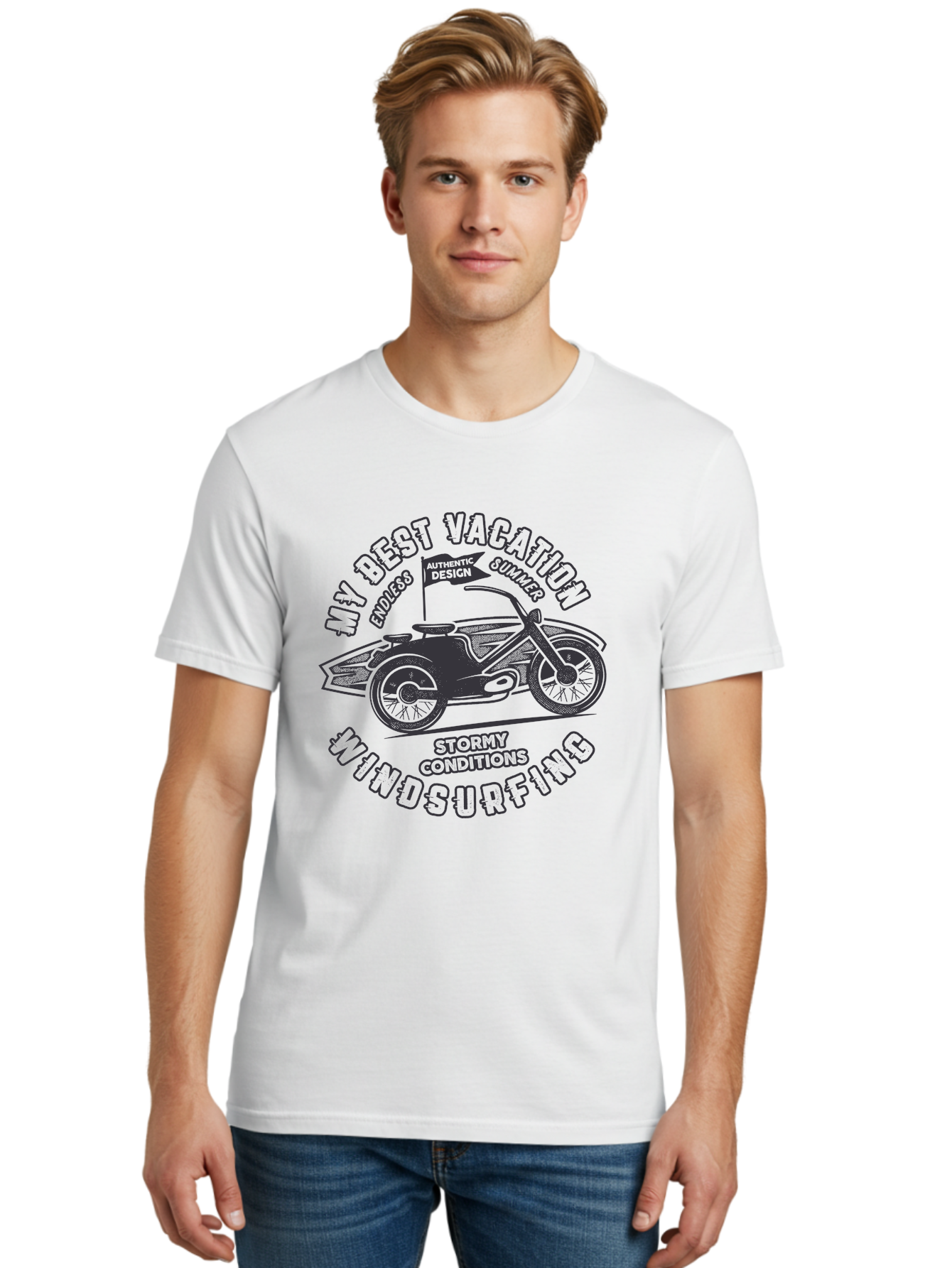 My-Best-Vacation-Windsurfing Men'S Graphic Tee, 100% Cotton, Comfortable Casual Summer Wear, Machine Washable, Motorcycle With Flag, Endless Summer, Stormy Conditions, Authentic Design, Winds Contention, Vacation Mode, Outdoor Adventure, Aab944