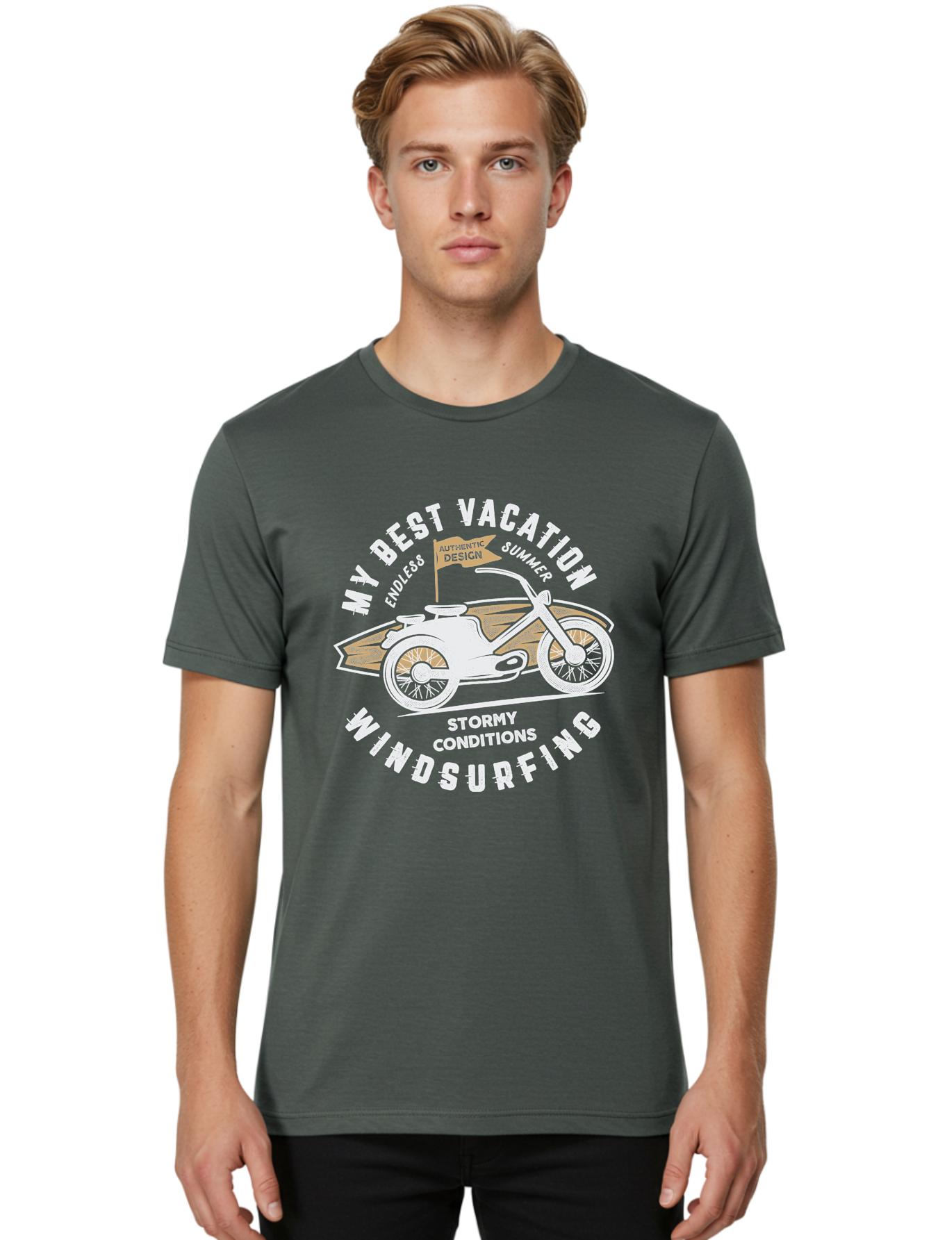 My-Best-Vacation Men'S Graphic Tee, 100% Cotton, Comfortable Casual Summer Wear, Machine Washable, Motorcycle Graphic, Vacation Summer Vibes, Windsurfing Adventures, Stormy Weather, Endless Summer Fun, Authentic Design Elements, Aab945