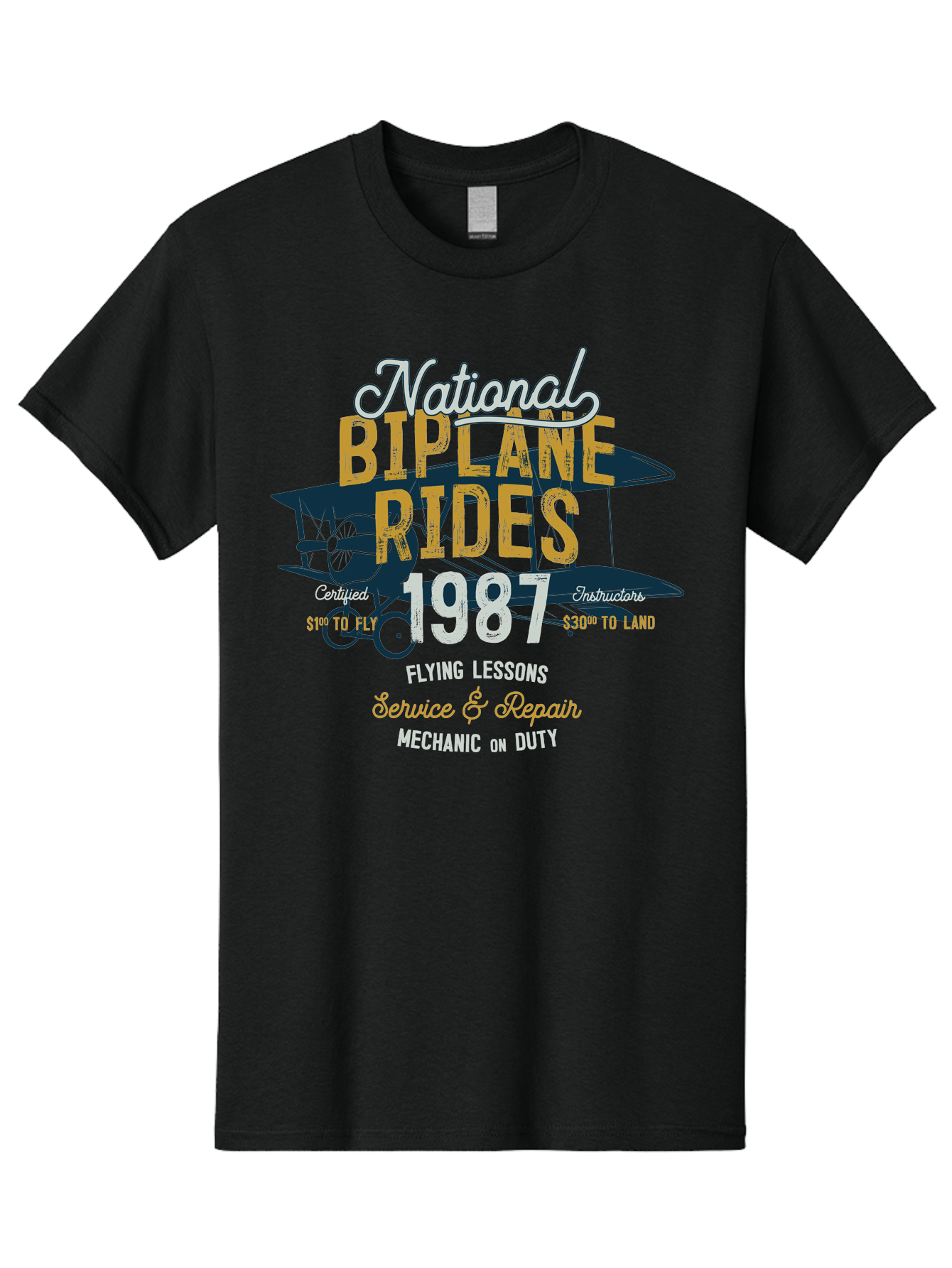 National-Biplane-Rides Men'S Graphic Tee, 100% Cotton, Comfortable Casual Summer Wear, Machine Washable, Vintage Airplane, Biplane Rides, Flying Lessons, Certified Instructors, Service And Repair, Mechanic On Duty, Aviation Experience, 1987, Aab946