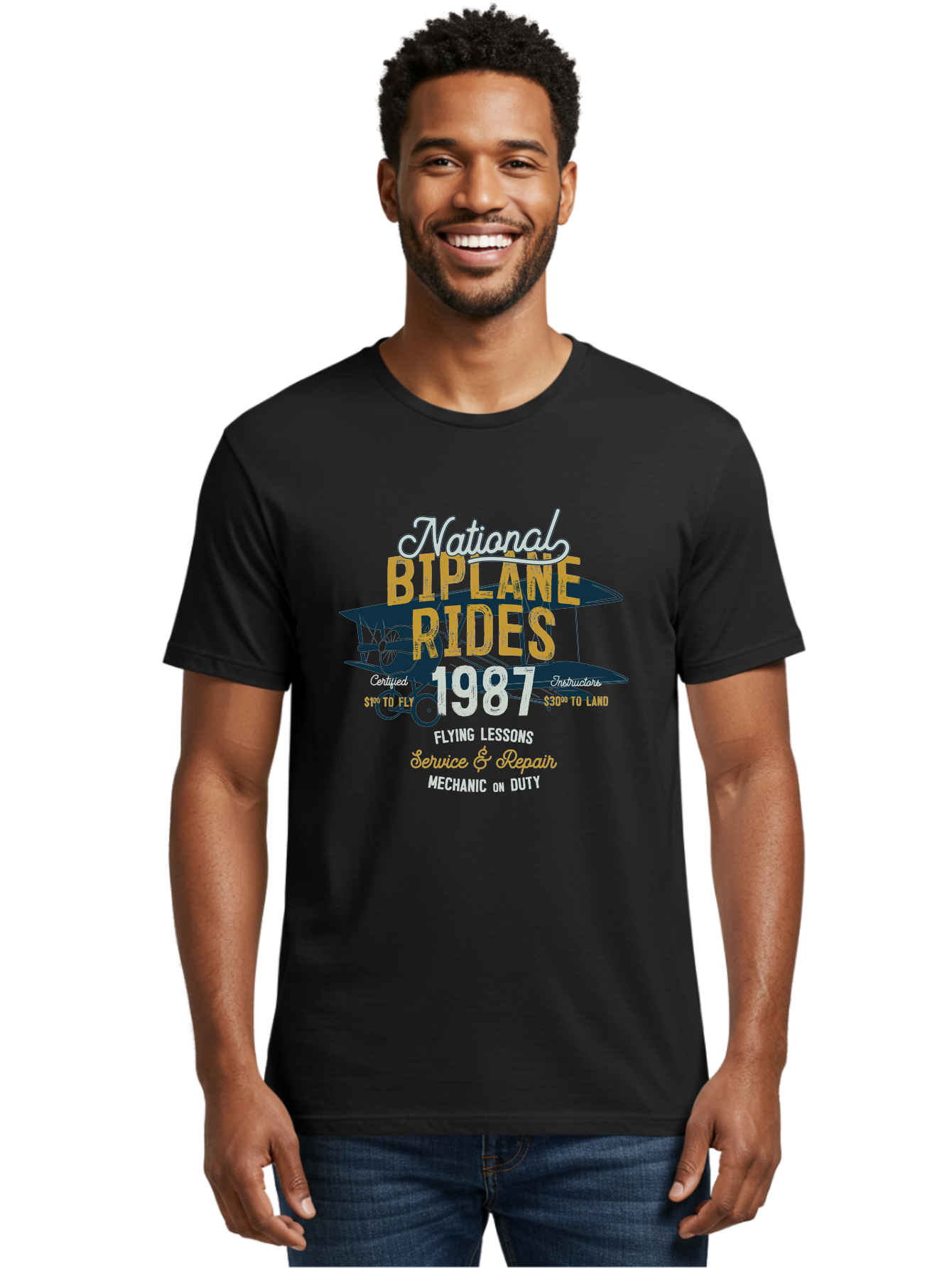 National-Biplane-Rides Men'S Graphic Tee, 100% Cotton, Comfortable Casual Summer Wear, Machine Washable, Vintage Airplane, Biplane Rides, Flying Lessons, Certified Instructors, Service And Repair, Mechanic On Duty, Aviation Experience, 1987, Aab946