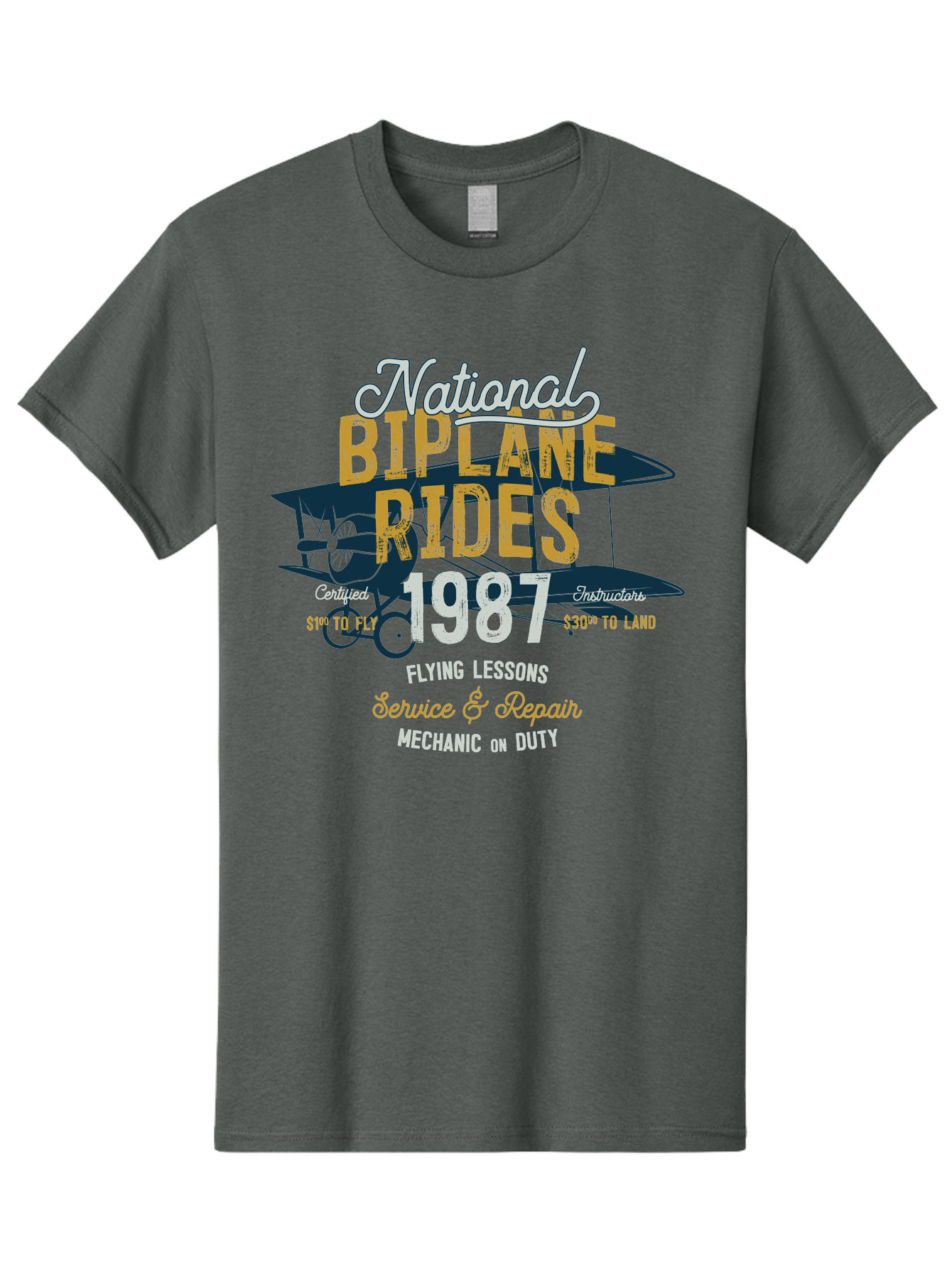 National-Biplane-Rides Men'S Graphic Tee, 100% Cotton, Comfortable Casual Summer Wear, Machine Washable, Vintage Airplane, Biplane Rides, Flying Lessons, Certified Instructors, Service And Repair, Mechanic On Duty, Aviation Experience, 1987, Aab946