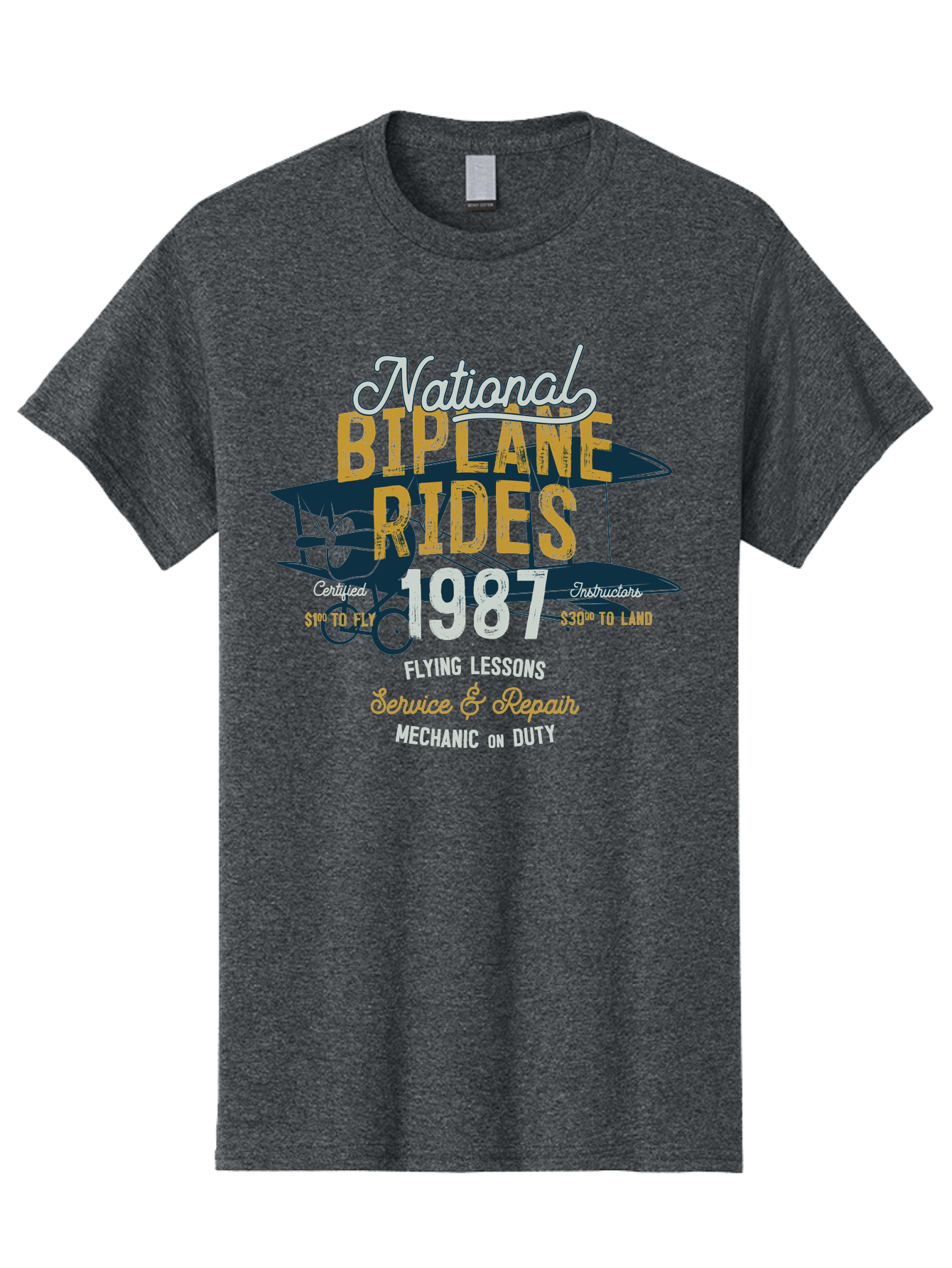 National-Biplane-Rides Men'S Graphic Tee, 100% Cotton, Comfortable Casual Summer Wear, Machine Washable, Vintage Airplane, Biplane Rides, Flying Lessons, Certified Instructors, Service And Repair, Mechanic On Duty, Aviation Experience, 1987, Aab946