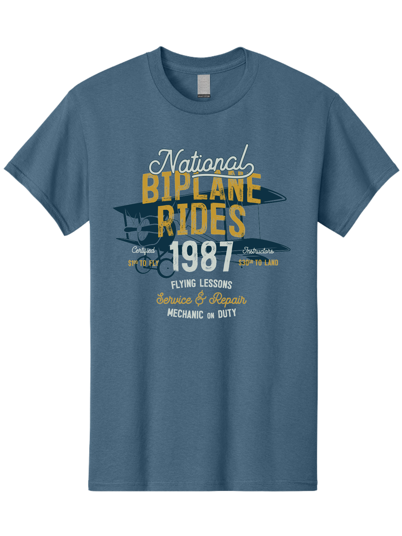 National-Biplane-Rides Men'S Graphic Tee, 100% Cotton, Comfortable Casual Summer Wear, Machine Washable, Vintage Airplane, Biplane Rides, Flying Lessons, Certified Instructors, Service And Repair, Mechanic On Duty, Aviation Experience, 1987, Aab946