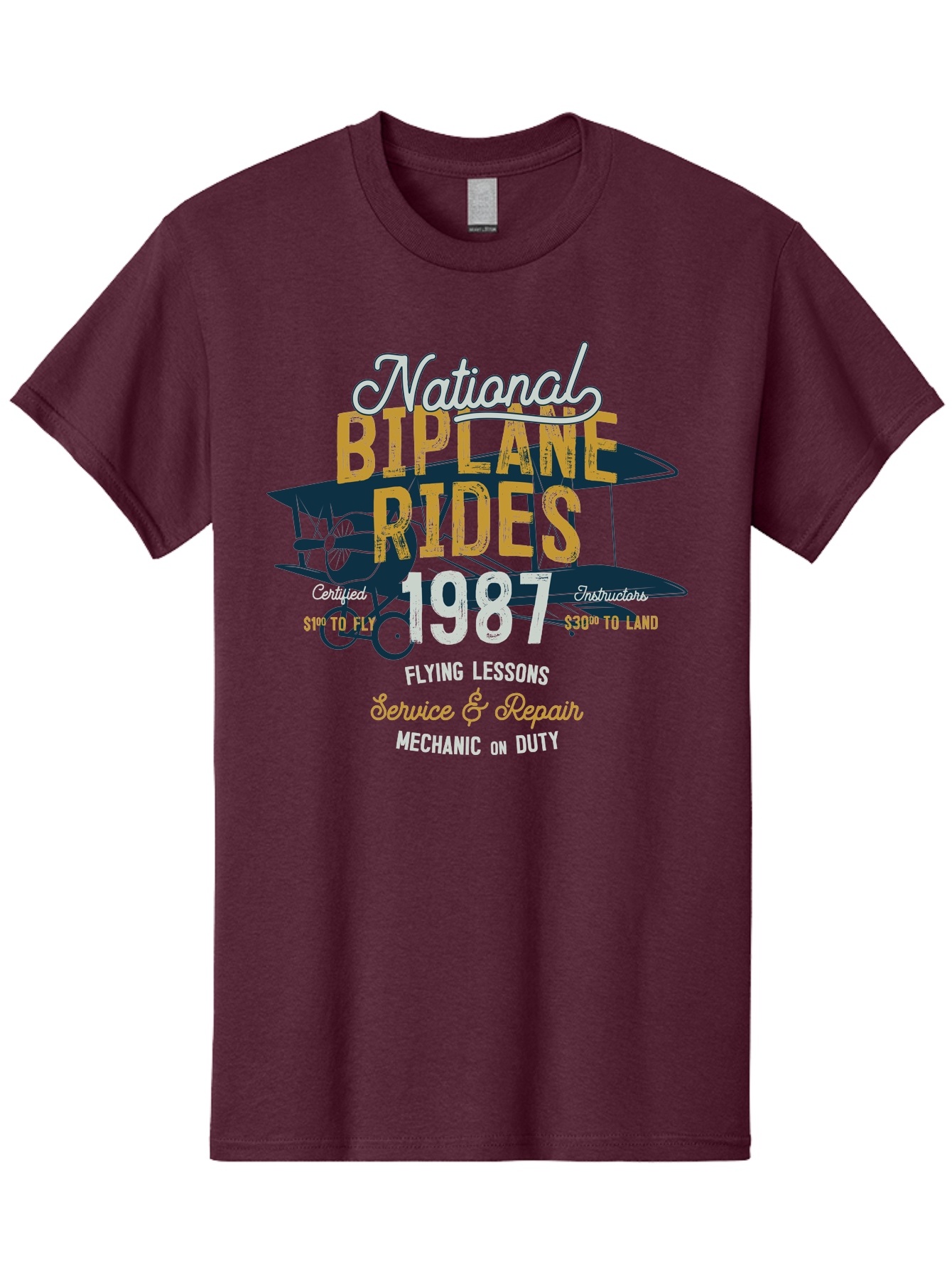 National-Biplane-Rides Men'S Graphic Tee, 100% Cotton, Comfortable Casual Summer Wear, Machine Washable, Vintage Airplane, Biplane Rides, Flying Lessons, Certified Instructors, Service And Repair, Mechanic On Duty, Aviation Experience, 1987, Aab946