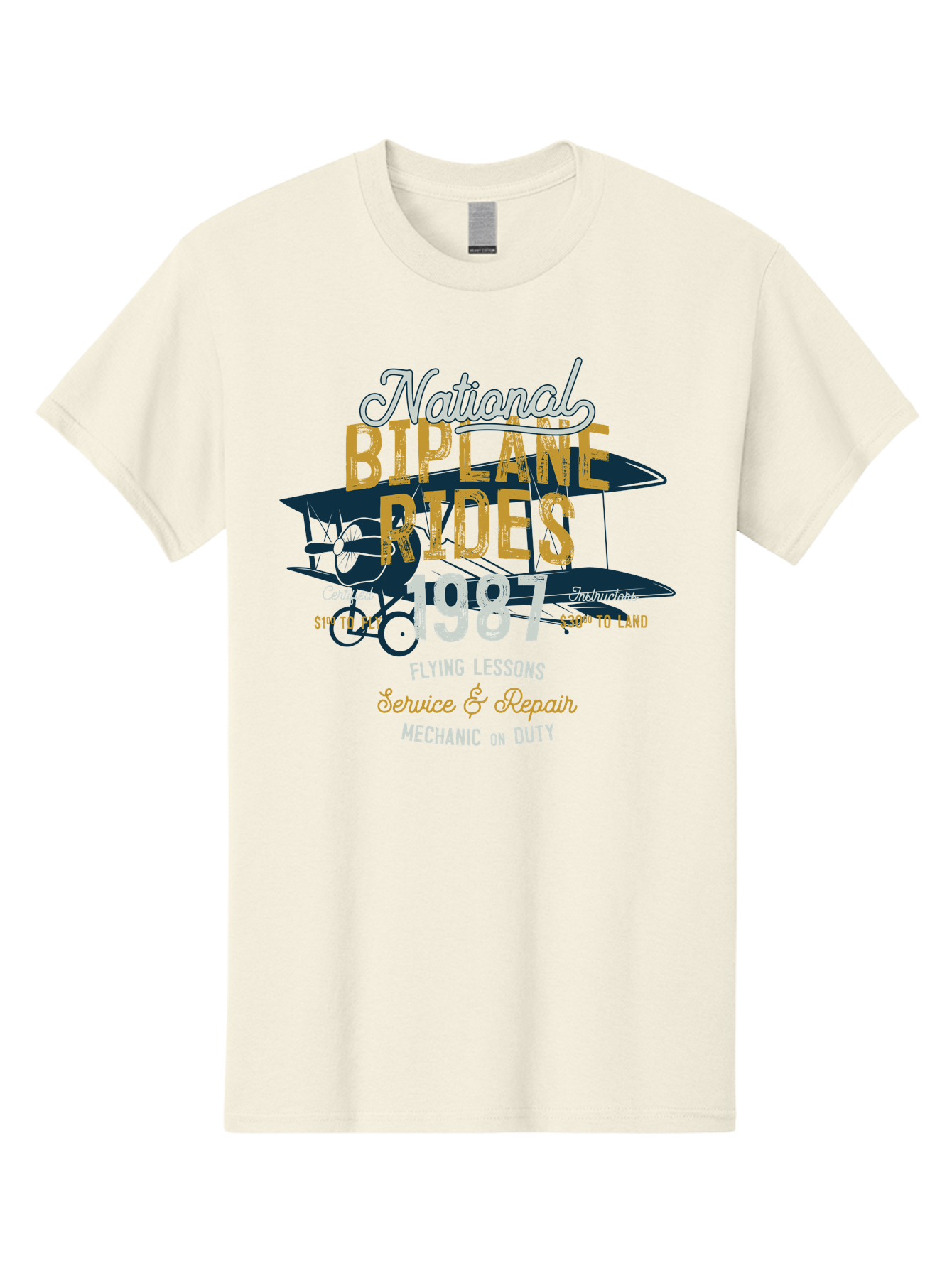 National-Biplane-Rides Men'S Graphic Tee, 100% Cotton, Comfortable Casual Summer Wear, Machine Washable, Vintage Airplane, Biplane Rides, Flying Lessons, Certified Instructors, Service And Repair, Mechanic On Duty, Aviation Experience, 1987, Aab946