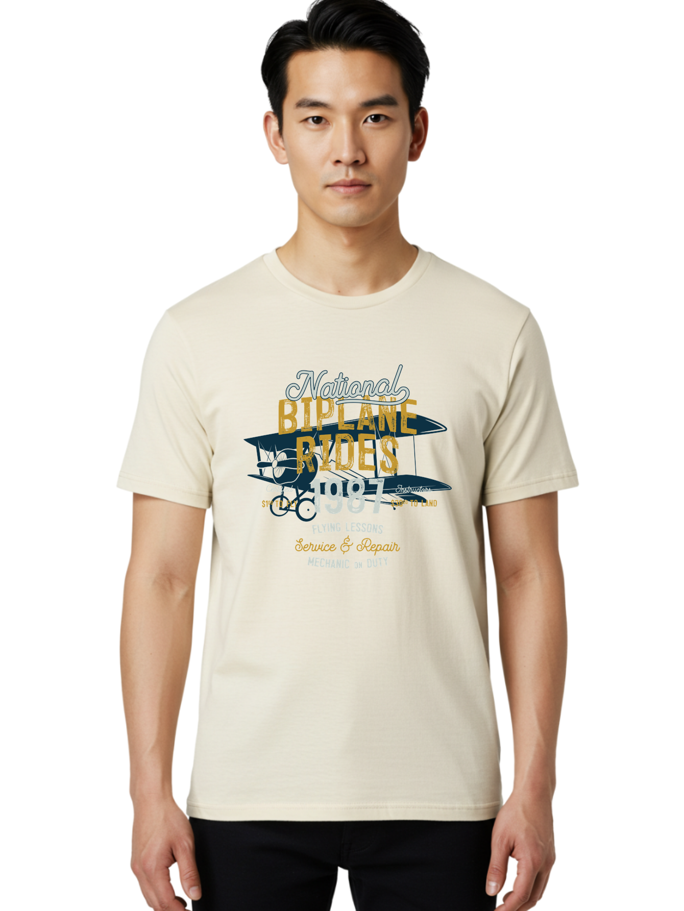 National-Biplane-Rides Men'S Graphic Tee, 100% Cotton, Comfortable Casual Summer Wear, Machine Washable, Vintage Airplane, Biplane Rides, Flying Lessons, Certified Instructors, Service And Repair, Mechanic On Duty, Aviation Experience, 1987, Aab946